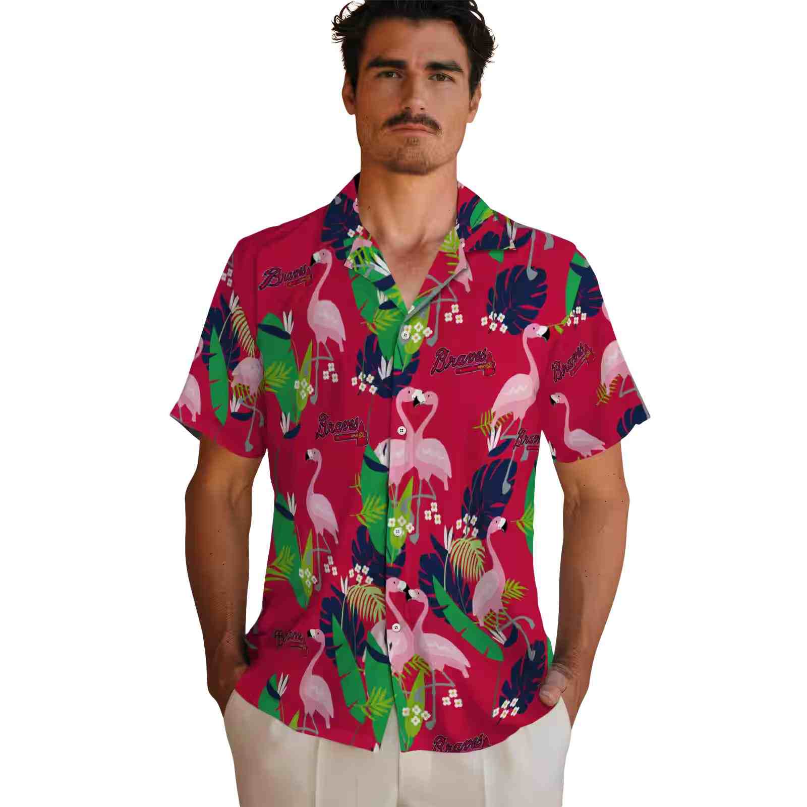 atlanta braves flamingo foliage navy green hawaiian shirt fashion forward