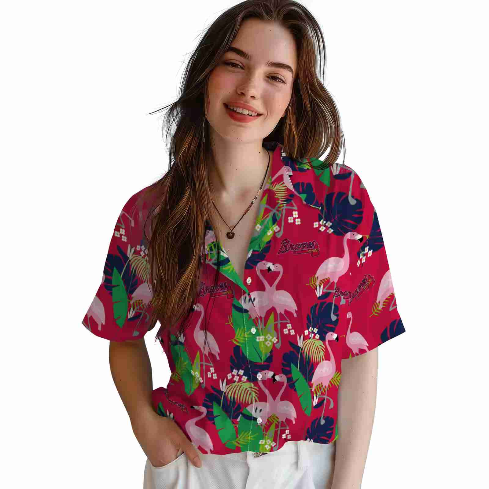 atlanta braves flamingo foliage navy green hawaiian shirt latest model