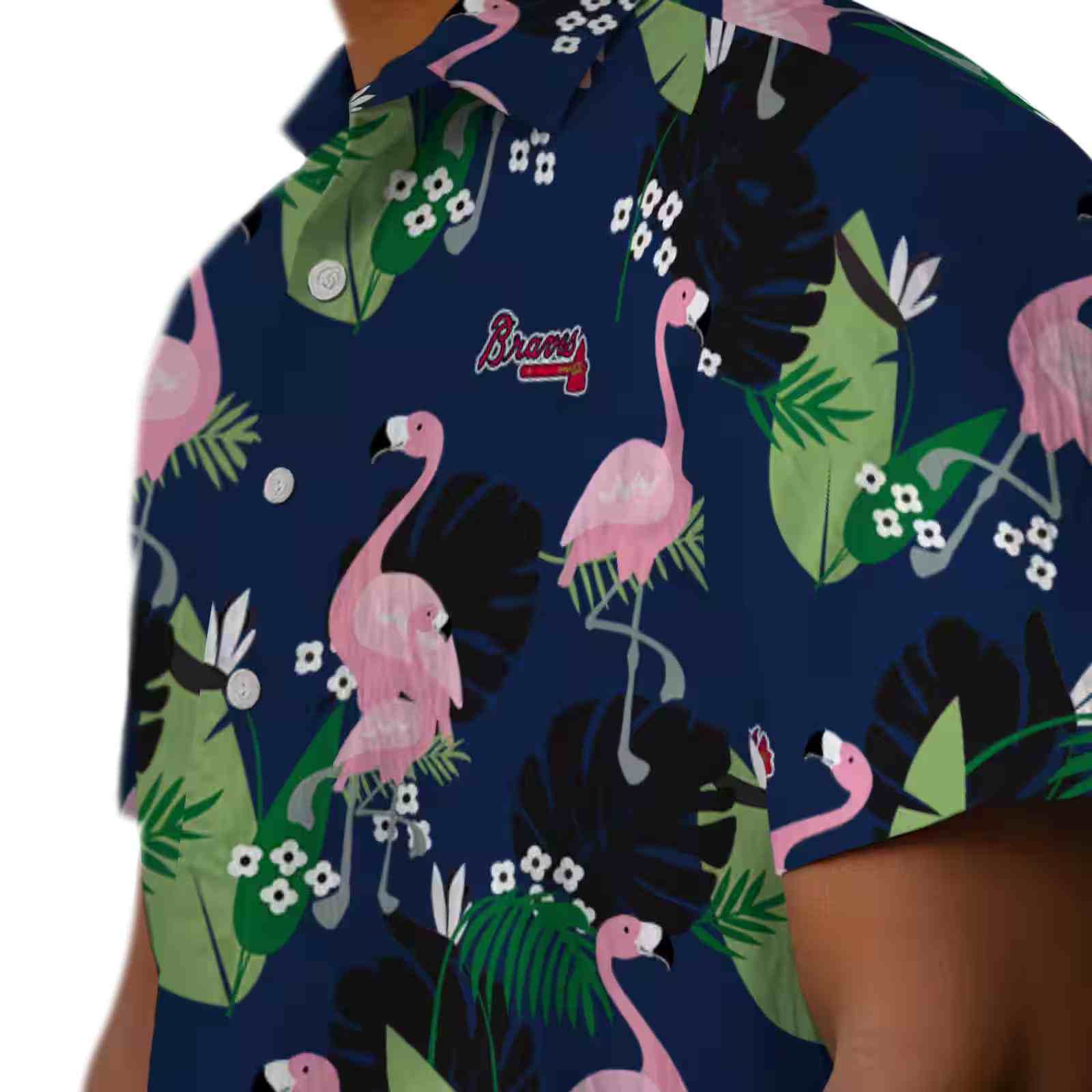 atlanta braves flamingo leaf motif navy hawaiian shirt trendy