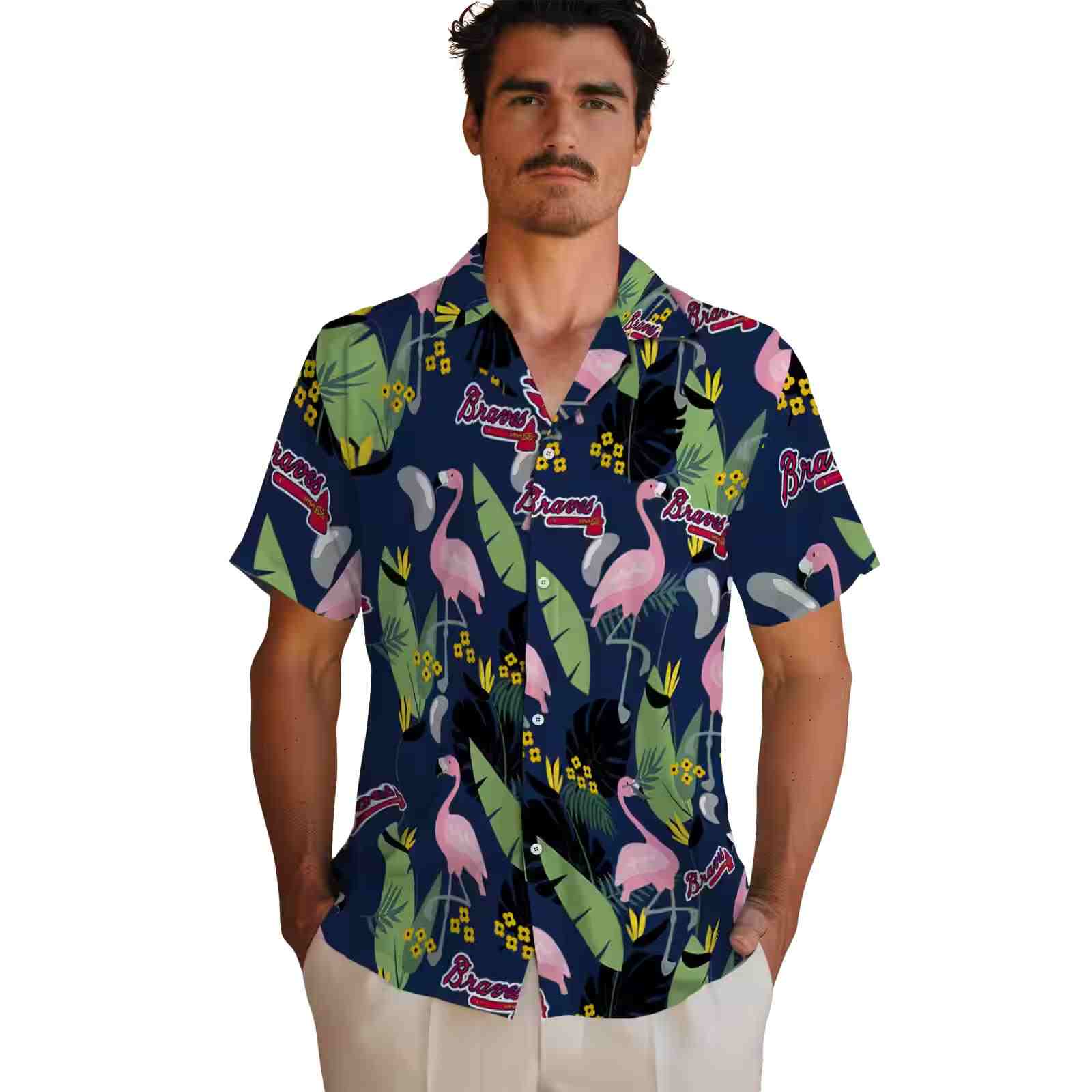 atlanta braves flamingo leaves navy hawaiian shirt fashion forward