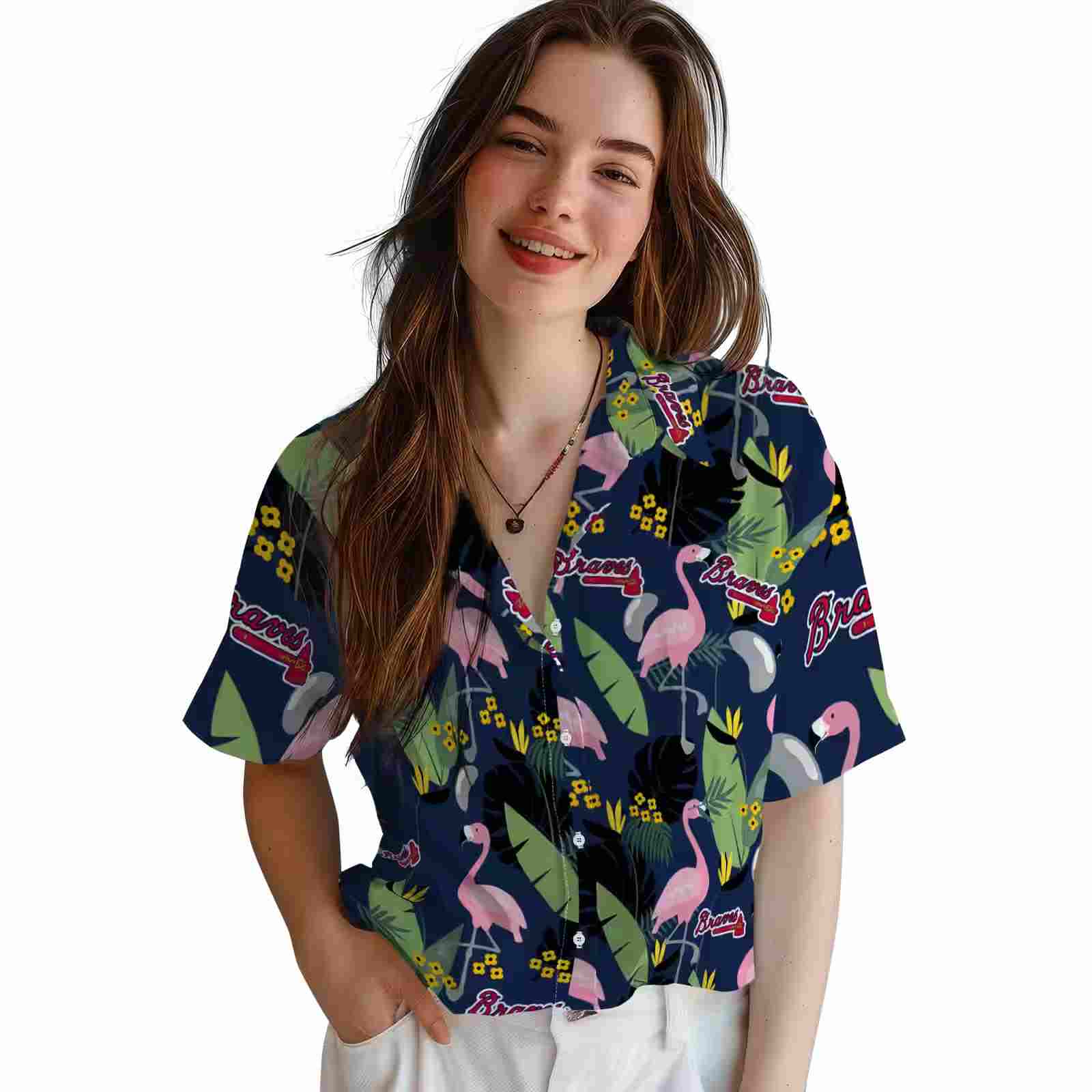 atlanta braves flamingo leaves navy hawaiian shirt latest model