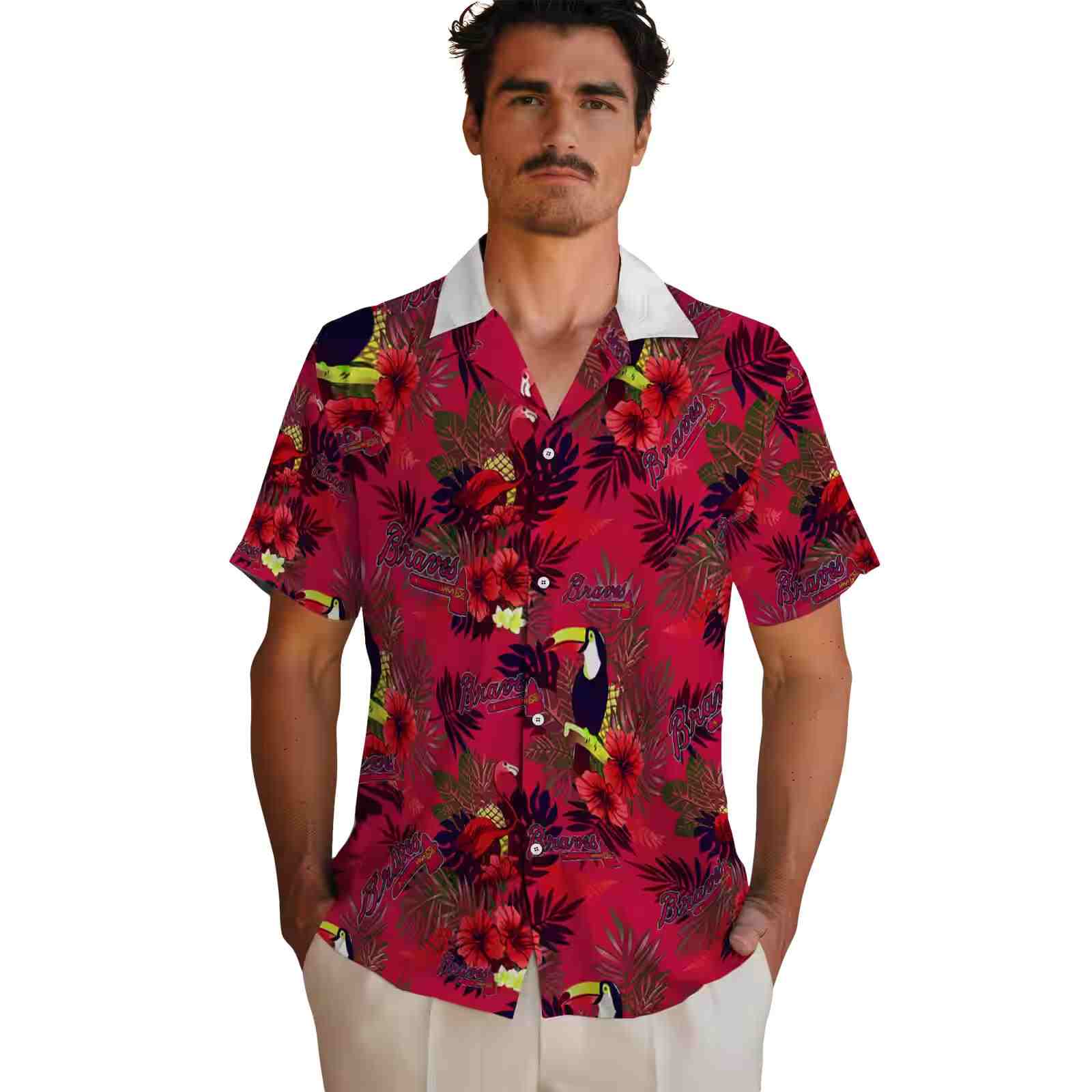 atlanta braves floral toucan navy red hawaiian shirt fashion forward