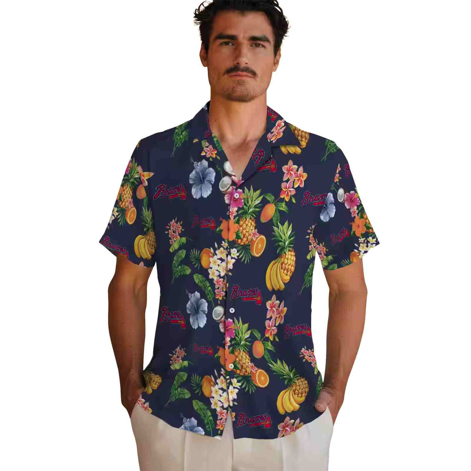 atlanta braves hibiscus and fruit navy blue hawaiian shirt fashion forward