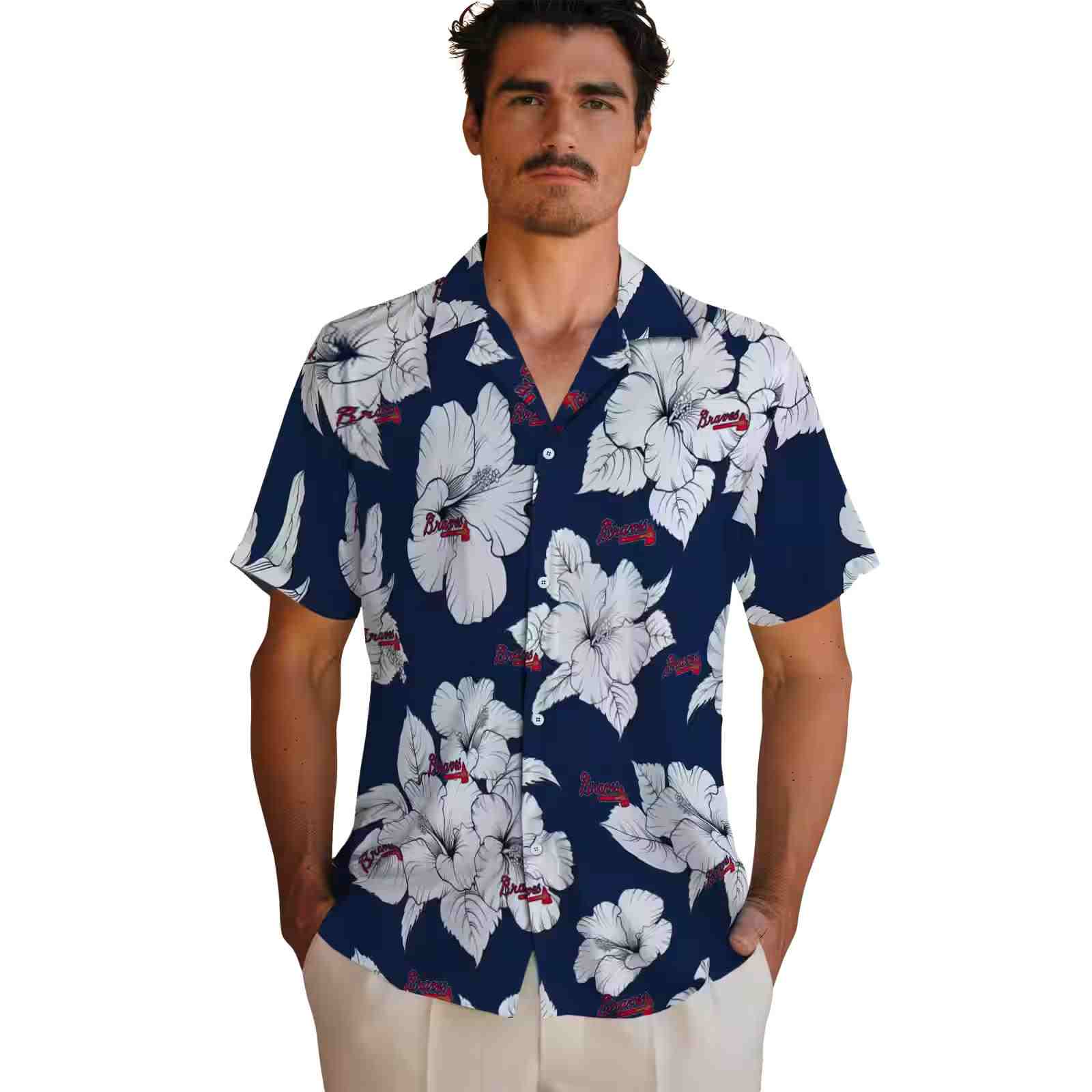 atlanta braves hibiscus blooms navy white hawaiian shirt fashion forward