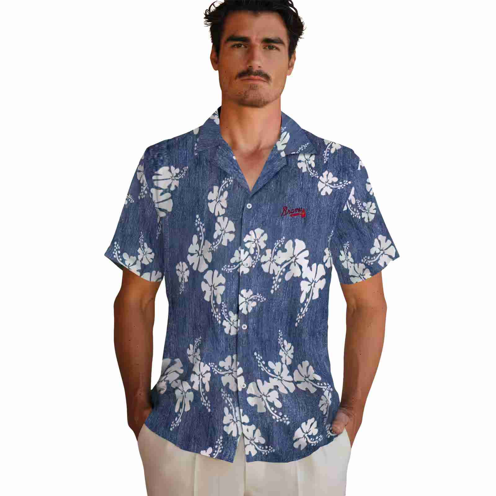 atlanta braves hibiscus clusters navy hawaiian shirt fashion forward