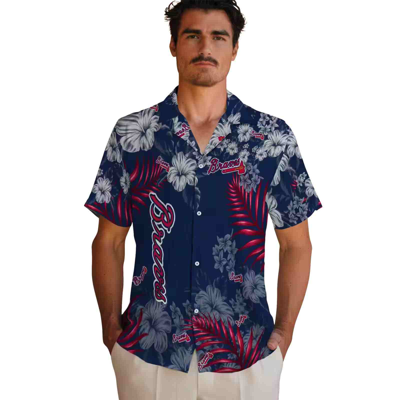 atlanta braves hibiscus print navy hawaiian shirt fashion forward