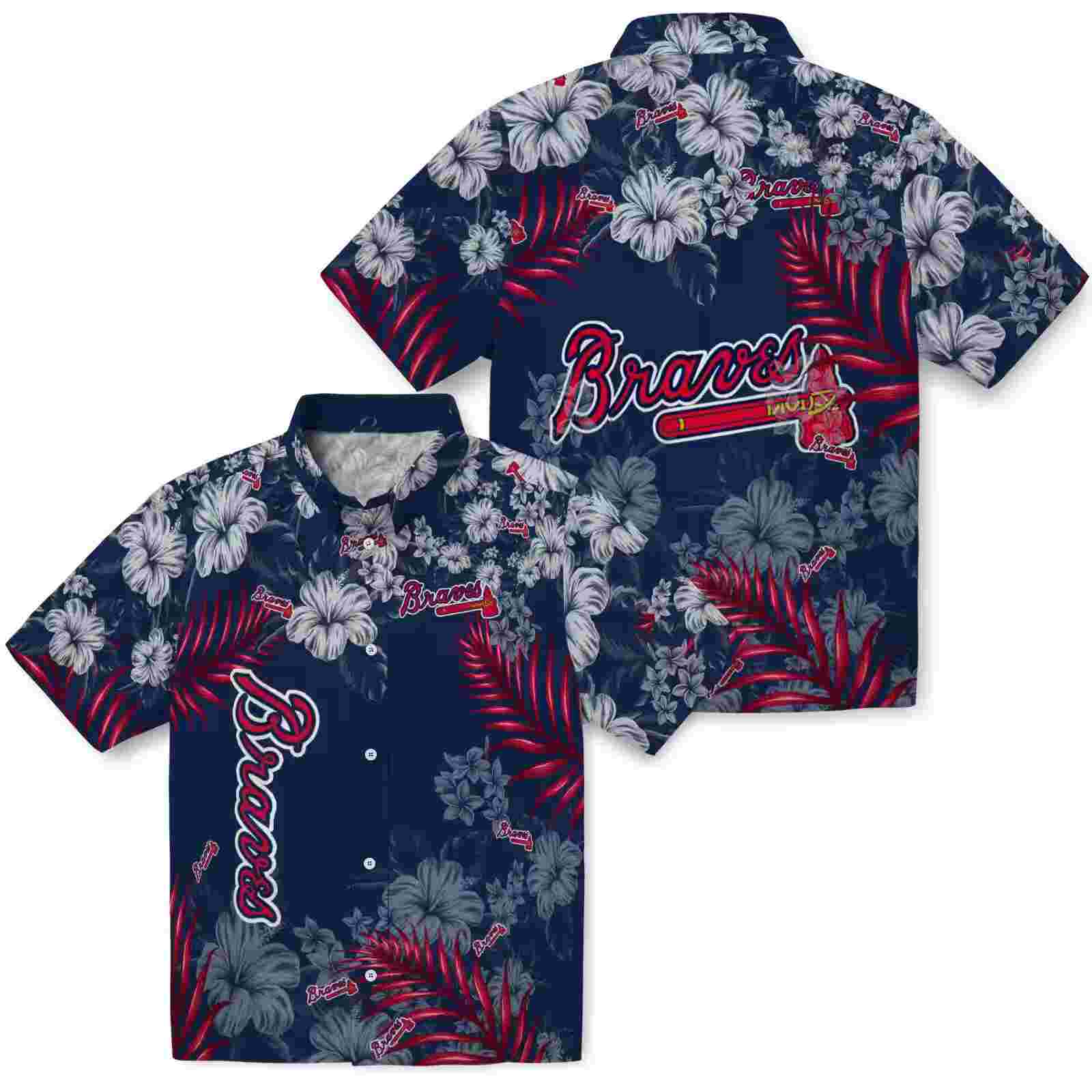 atlanta braves hibiscus print navy hawaiian shirt high quality