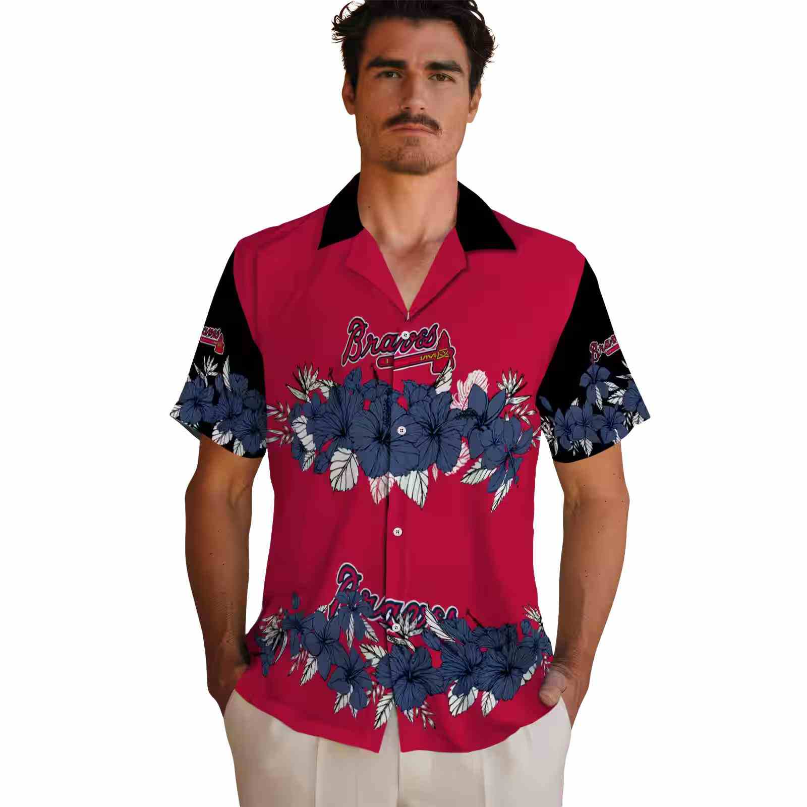 atlanta braves hibiscus stripe navy black hawaiian shirt fashion forward