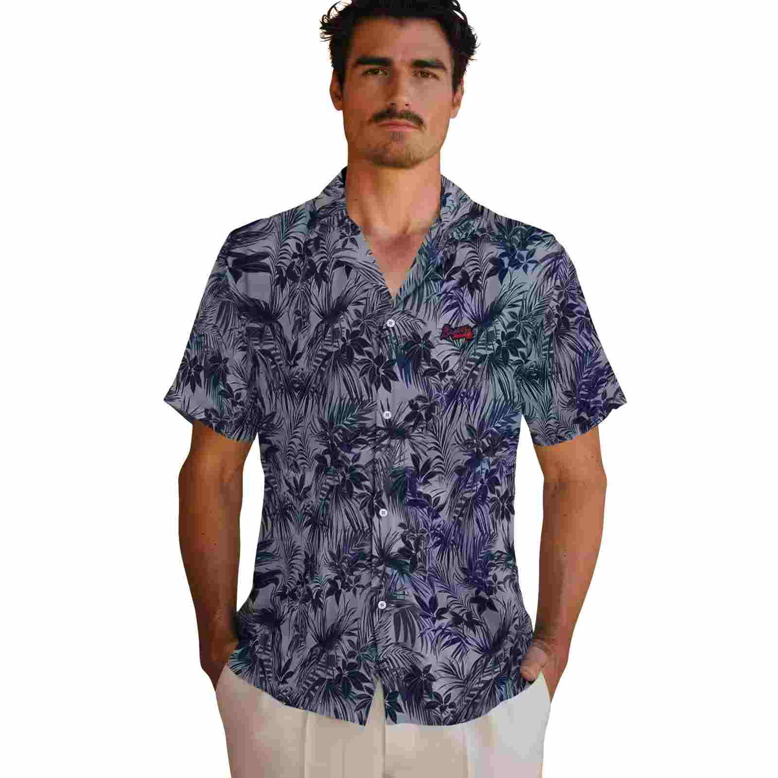 atlanta braves leafy pattern navy hawaiian shirt fashion forward