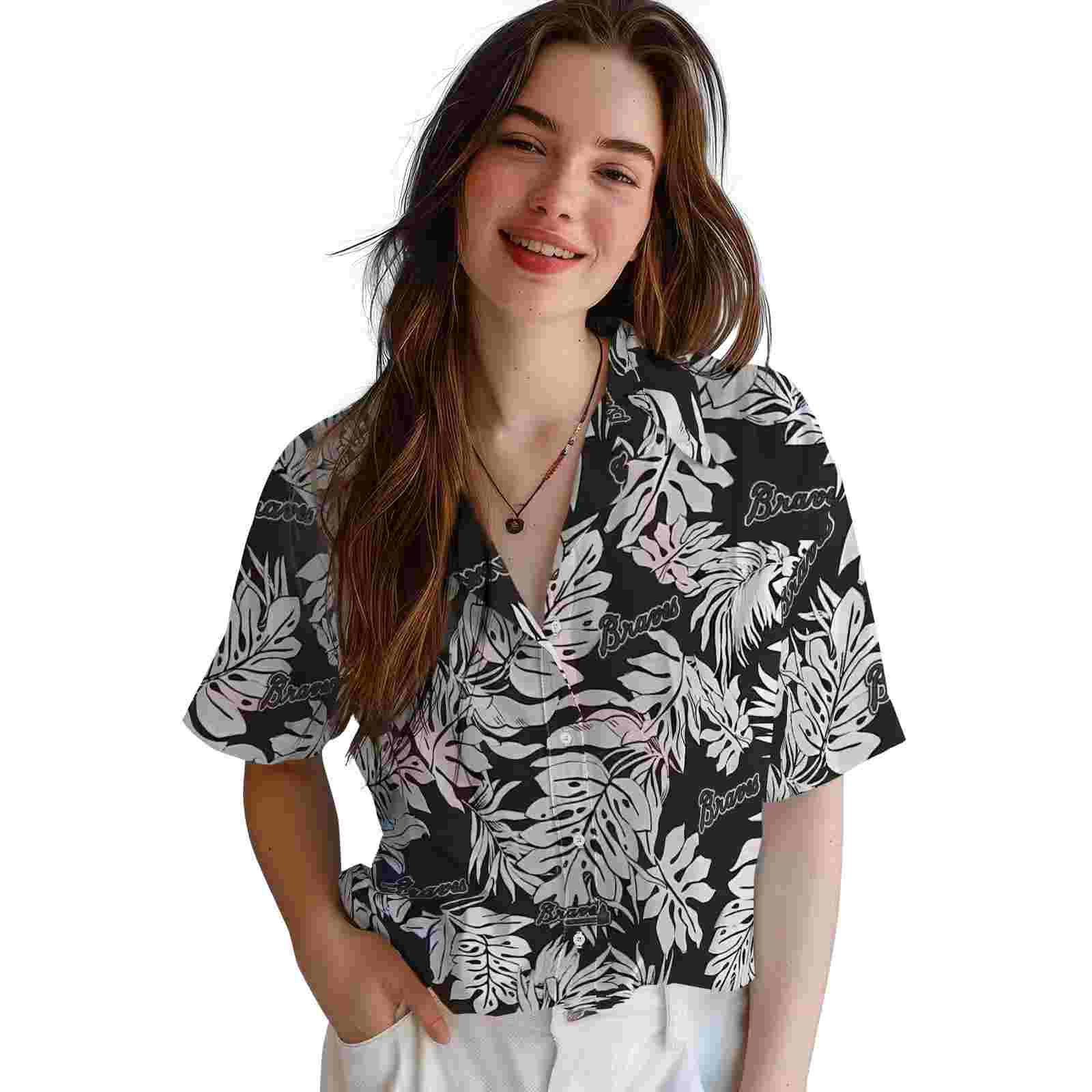 atlanta braves monstera leaf pattern black hawaiian shirt latest model