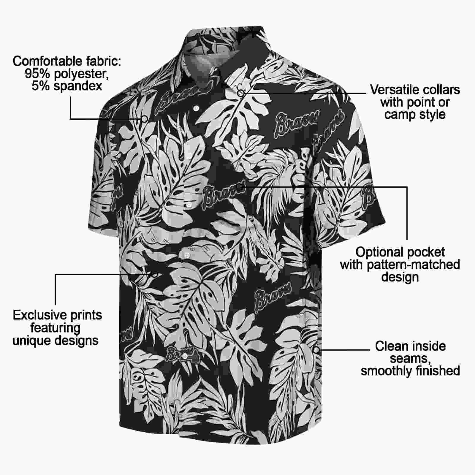 atlanta braves monstera leaf pattern black hawaiian shirt new arrival