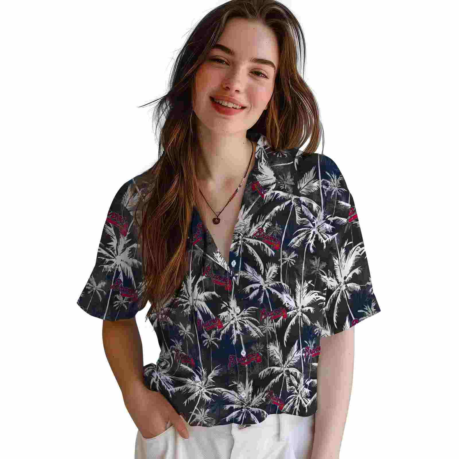 atlanta braves palm pattern navy black hawaiian shirt latest model