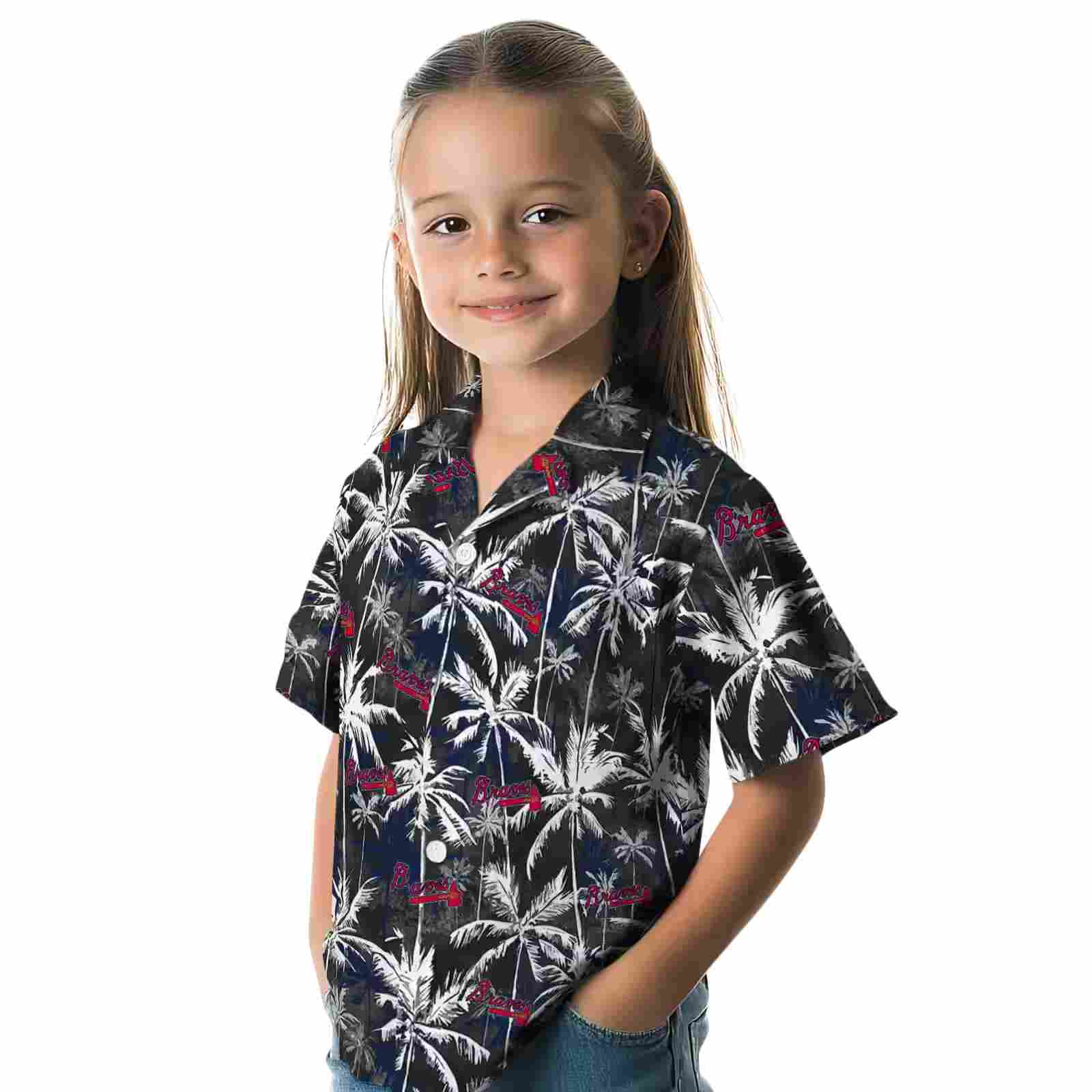 atlanta braves palm pattern navy black hawaiian shirt premium grade