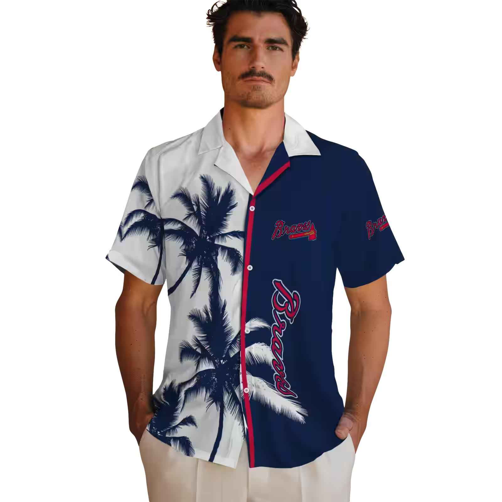 atlanta braves palm trees navy white hawaiian shirt fashion forward