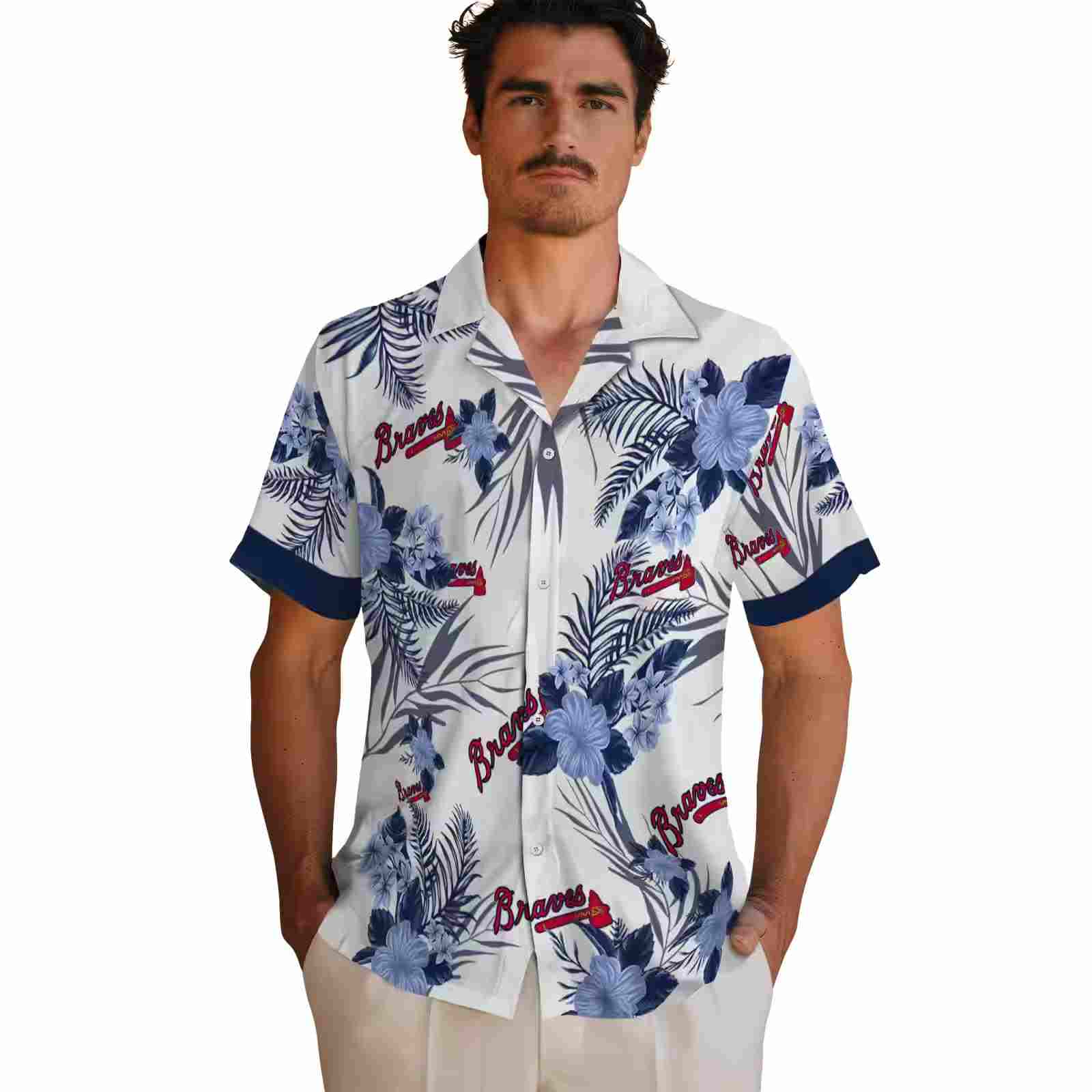 atlanta braves patriotic hibiscus design navy white hawaiian shirt fashion forward