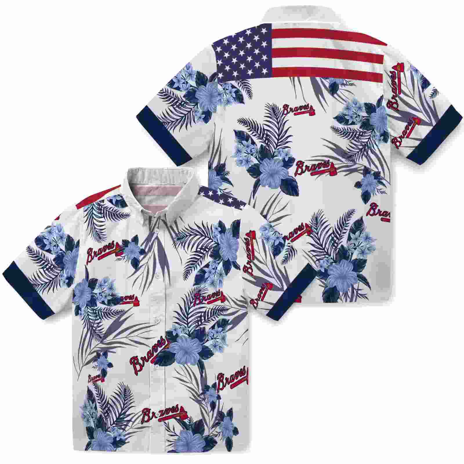 atlanta braves patriotic hibiscus design navy white hawaiian shirt high quality