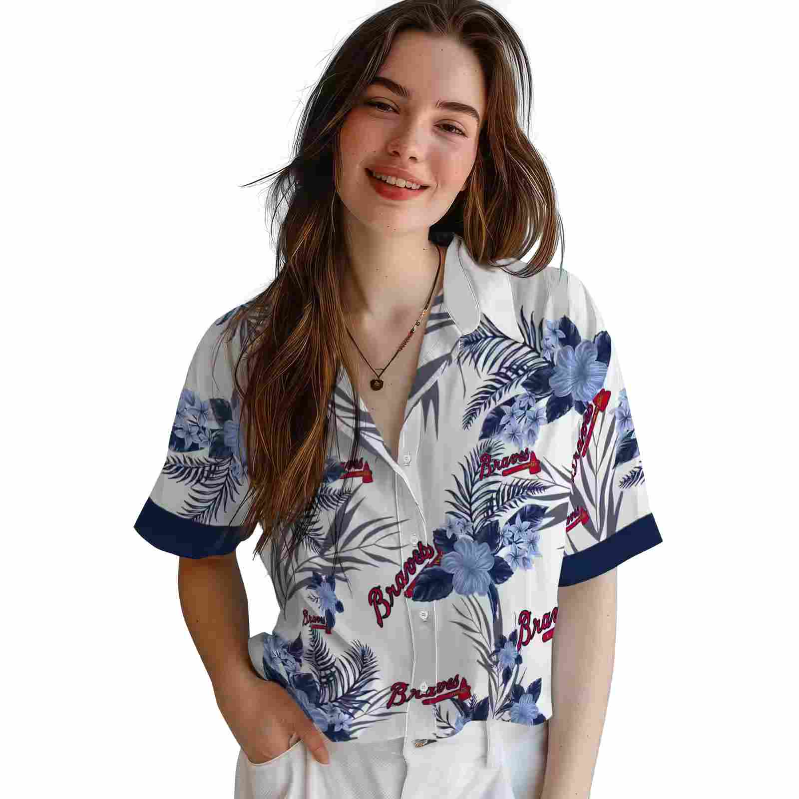 atlanta braves patriotic hibiscus design navy white hawaiian shirt latest model