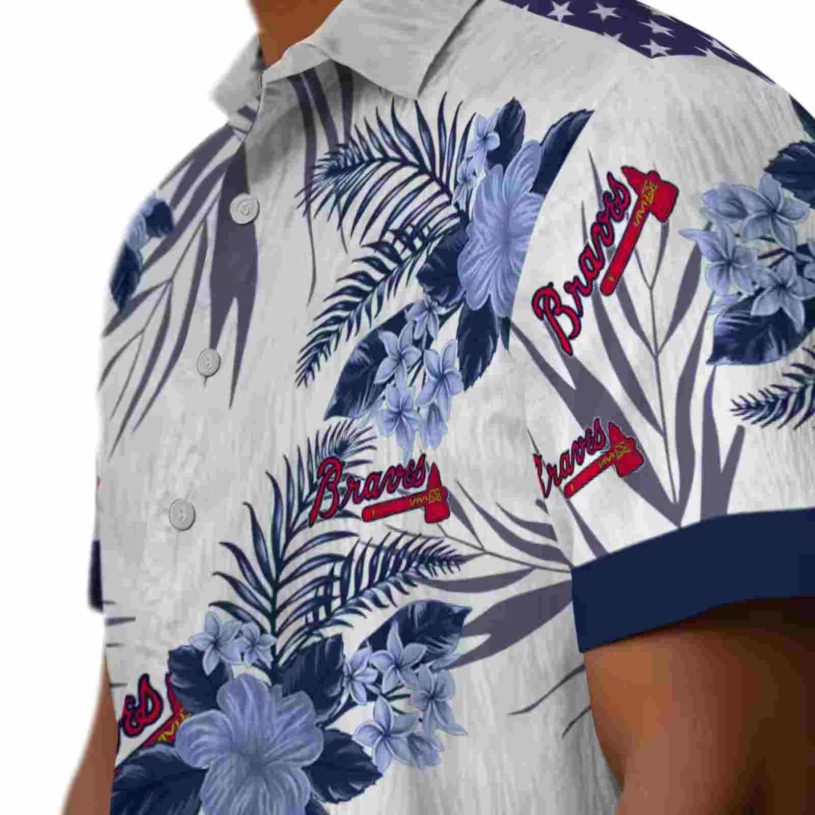 atlanta braves patriotic hibiscus design navy white hawaiian shirt trendy