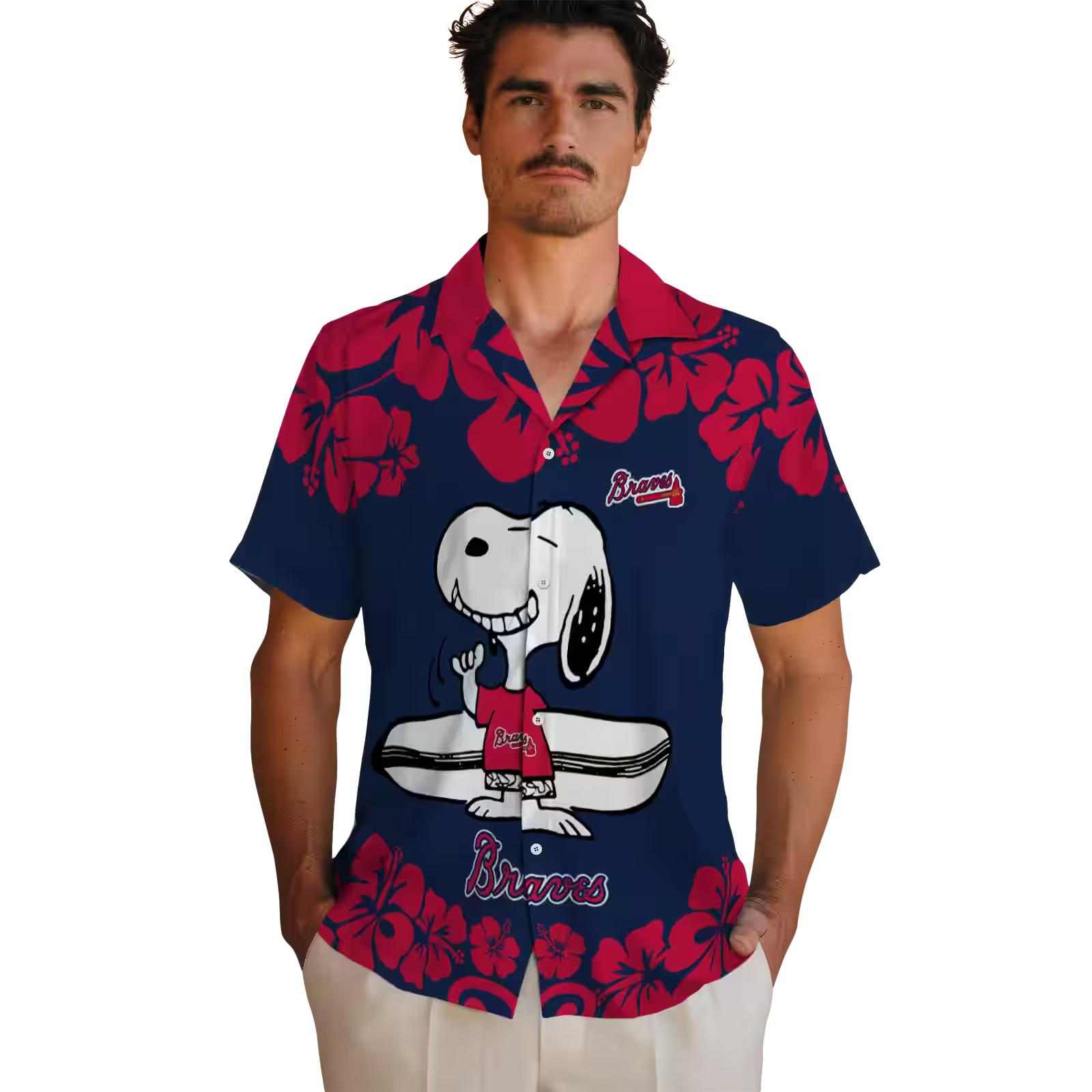 atlanta braves snoopy surf navy white hawaiian shirt fashion forward