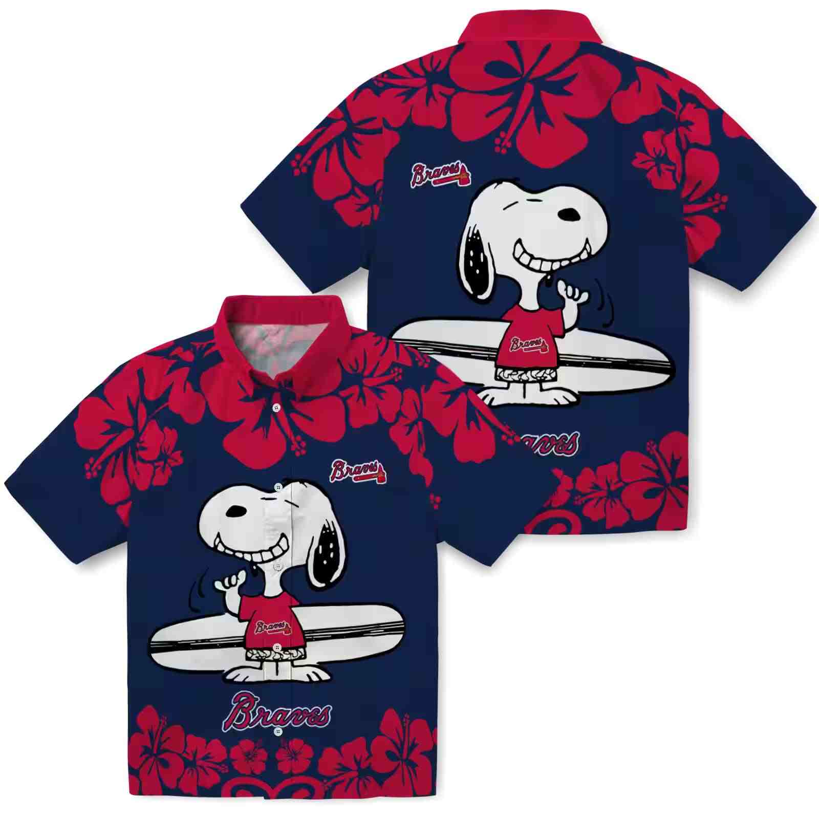 atlanta braves snoopy surf navy white hawaiian shirt high quality