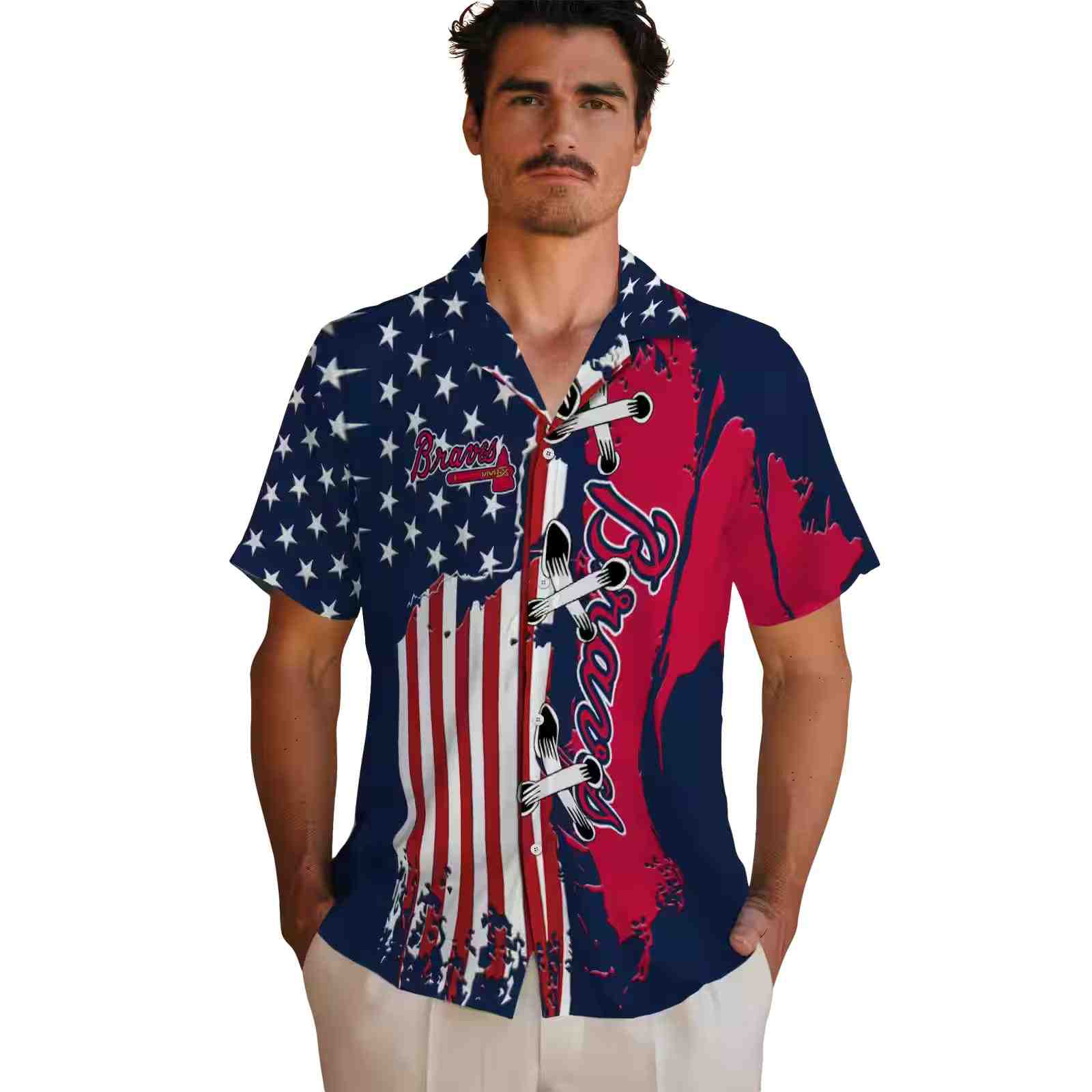 atlanta braves stitched flag navy hawaiian shirt fashion forward