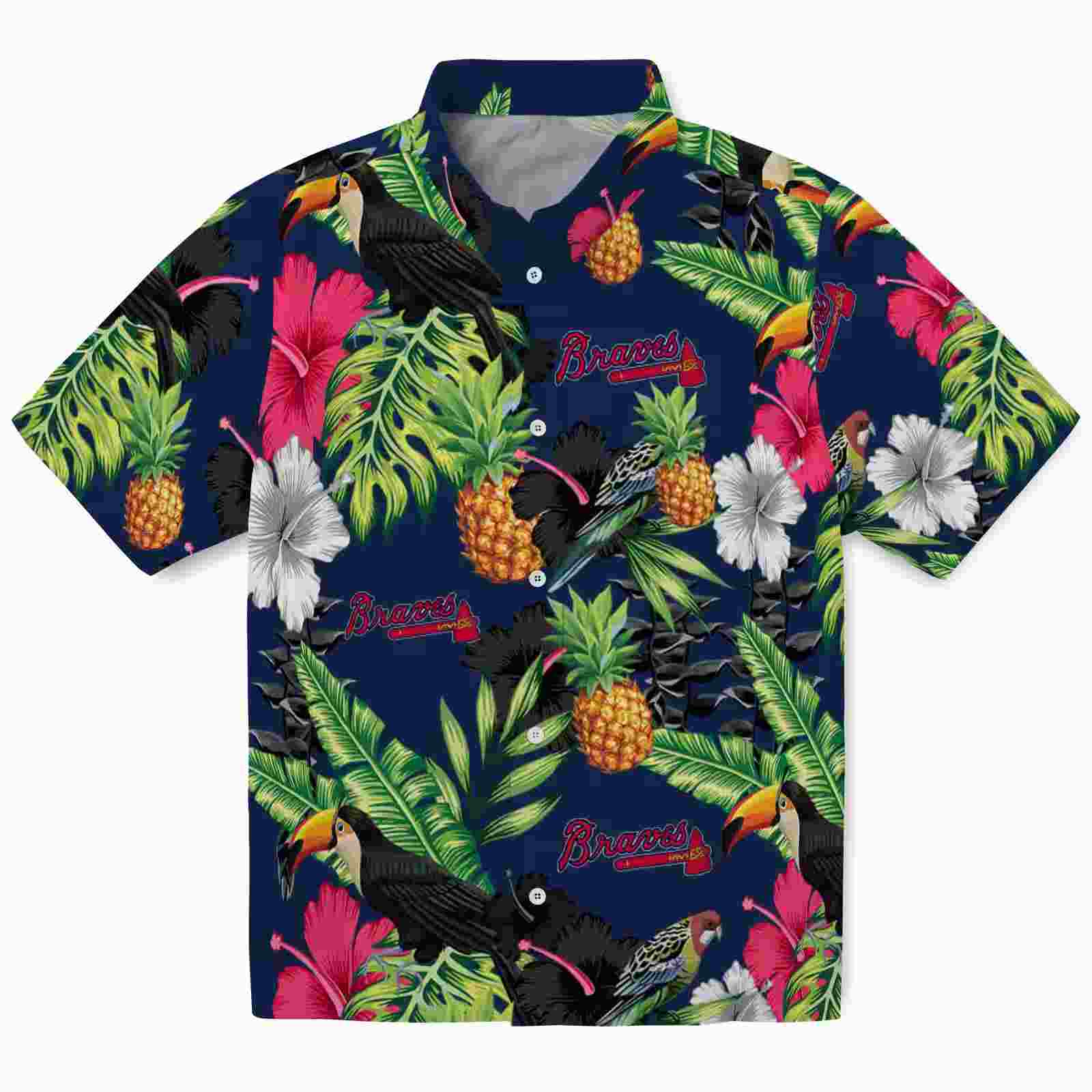 Atlanta Braves Toucan Hibiscus Pineapple Navy Green Hawaiian Shirt