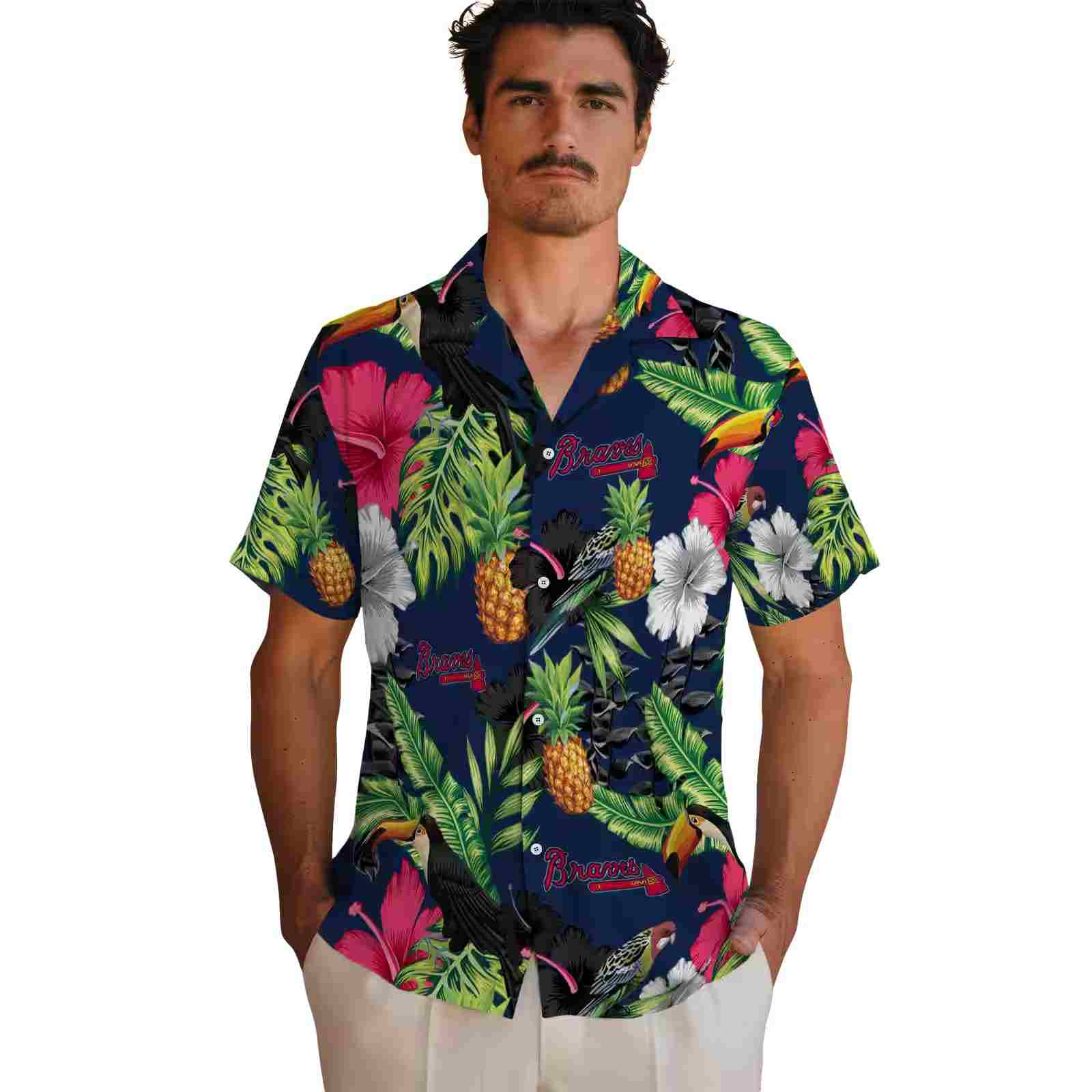 atlanta braves toucan hibiscus pineapple navy green hawaiian shirt fashion forward