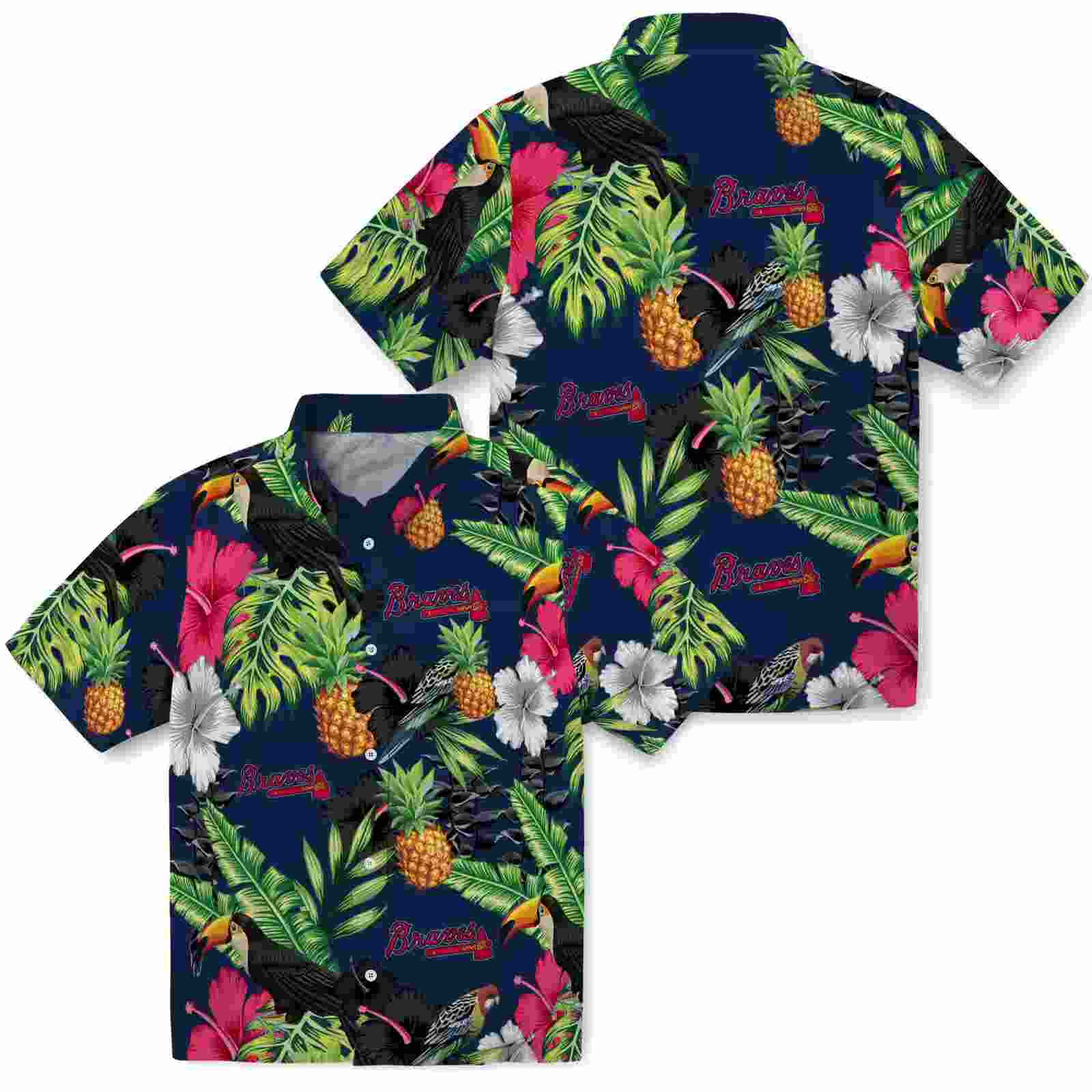 atlanta braves toucan hibiscus pineapple navy green hawaiian shirt high quality