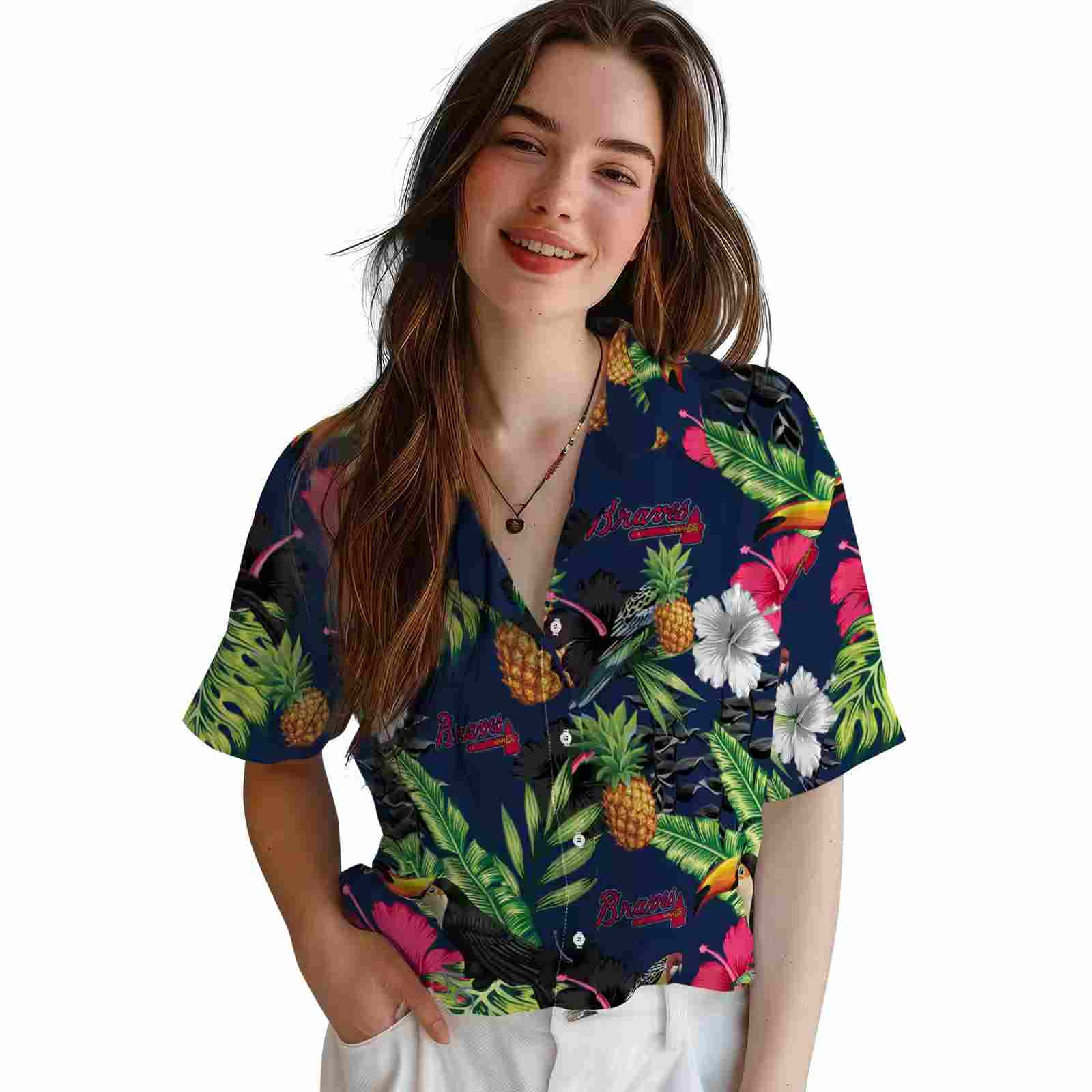 atlanta braves toucan hibiscus pineapple navy green hawaiian shirt latest model