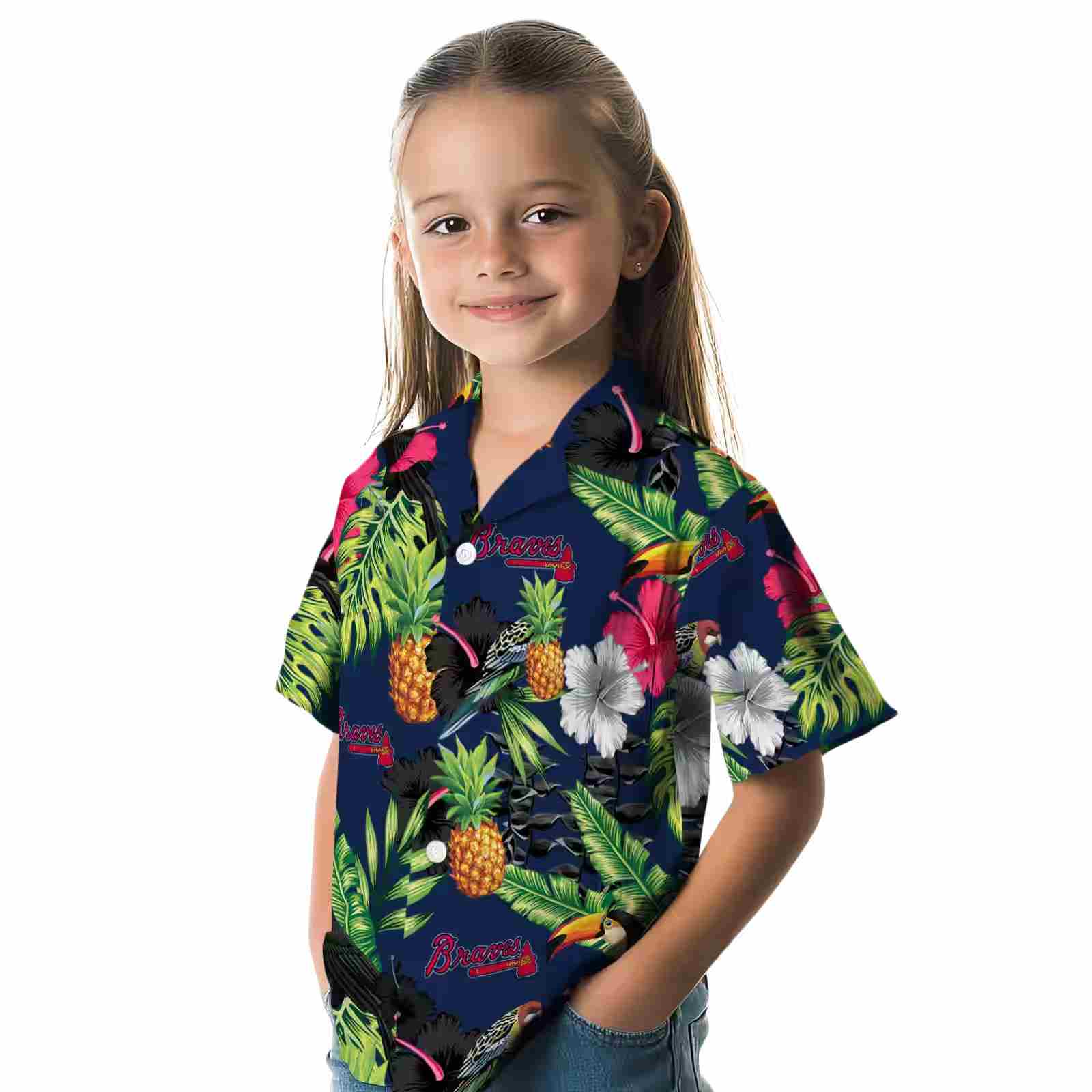 atlanta braves toucan hibiscus pineapple navy green hawaiian shirt premium grade