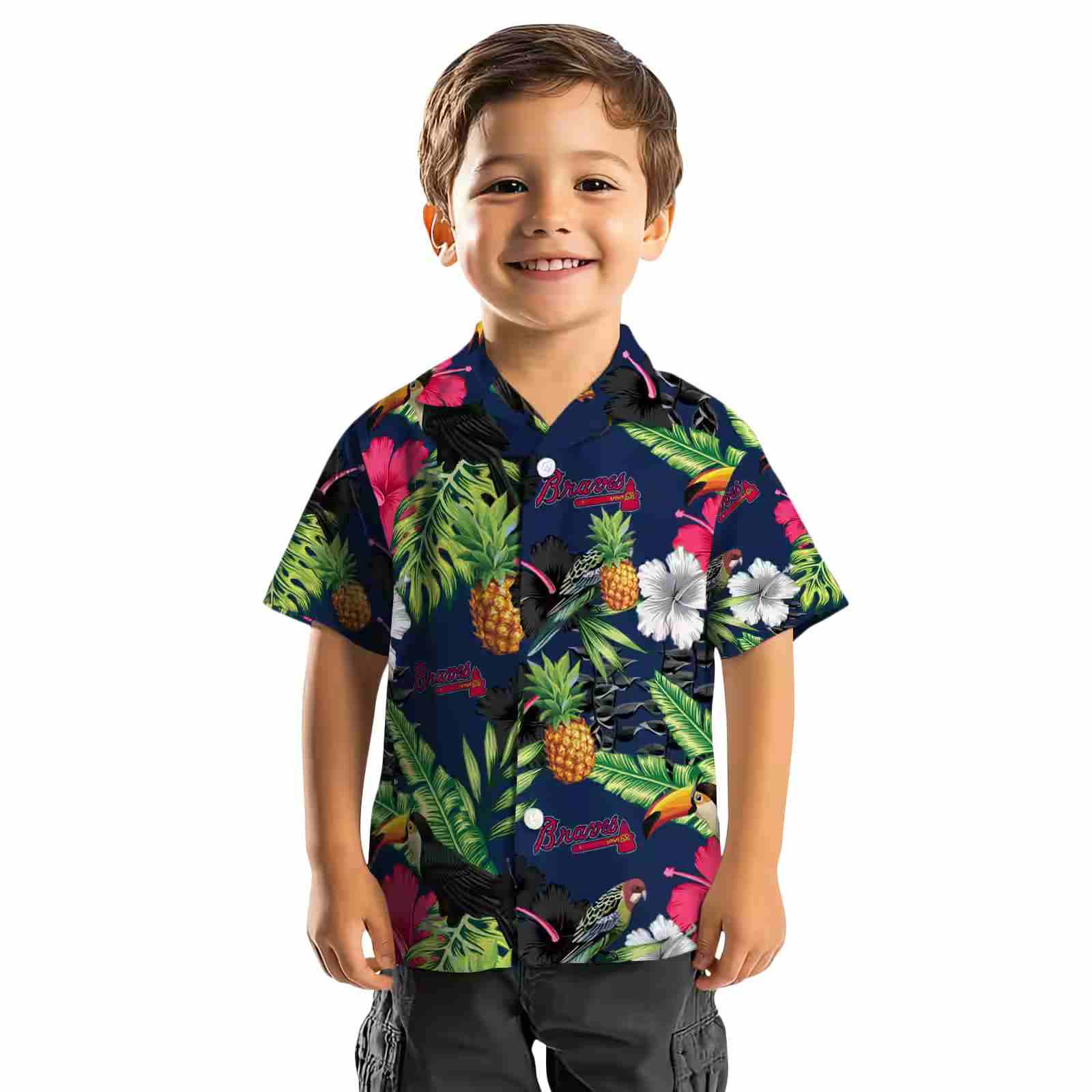 atlanta braves toucan hibiscus pineapple navy green hawaiian shirt top rated