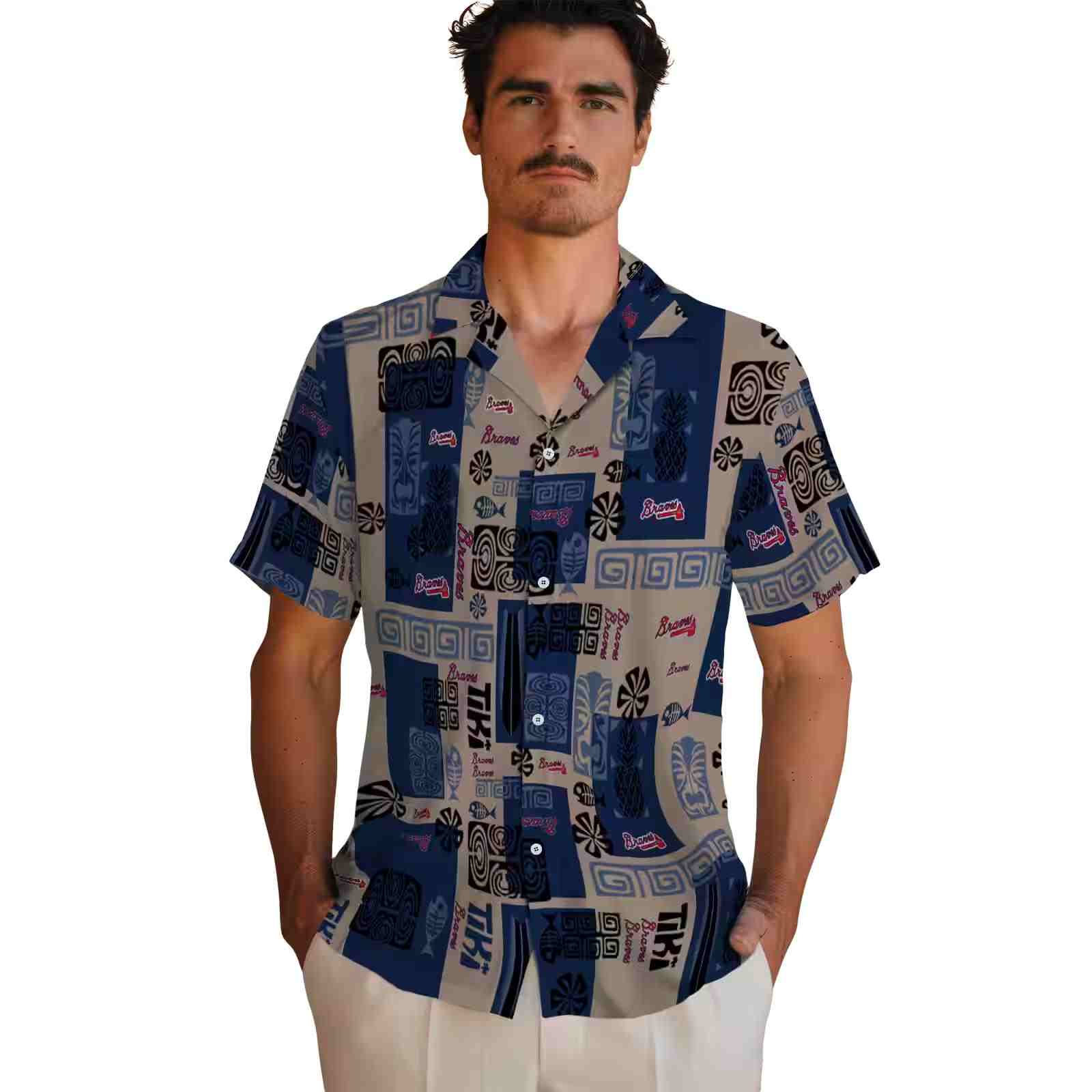 atlanta braves tribal symbols navy hawaiian shirt fashion forward