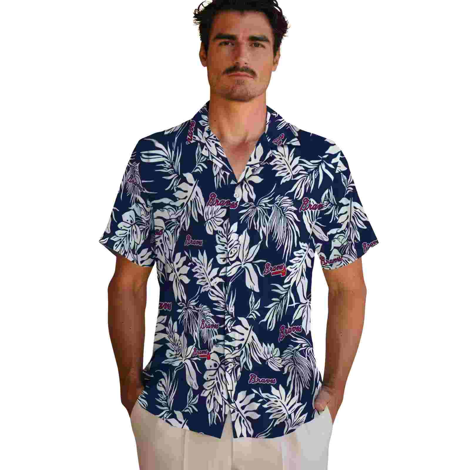 atlanta braves tropical leaf navy white hawaiian shirt fashion forward