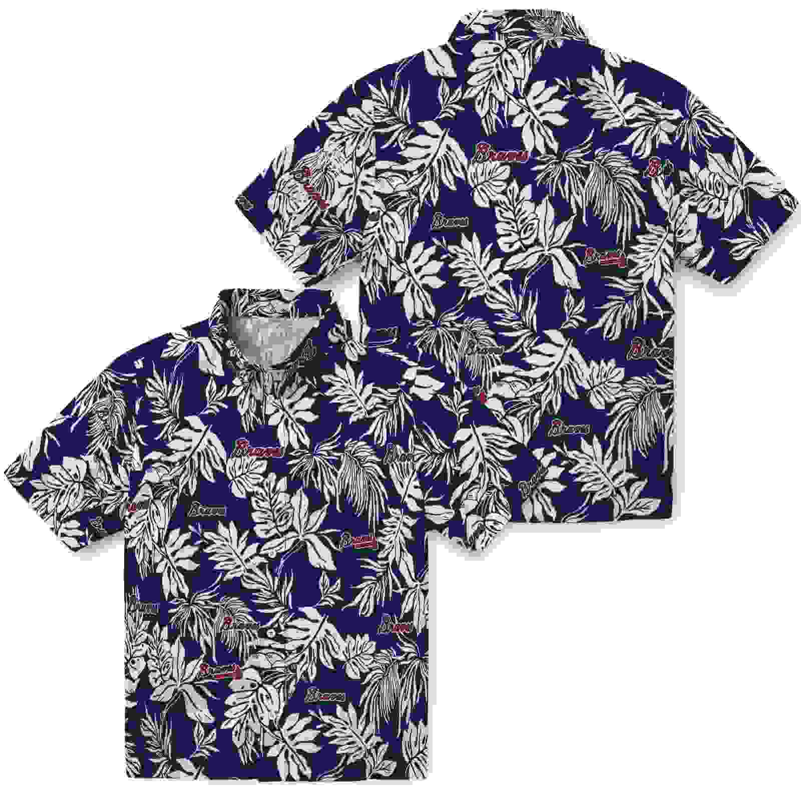 atlanta braves tropical leaf navy white hawaiian shirt high quality