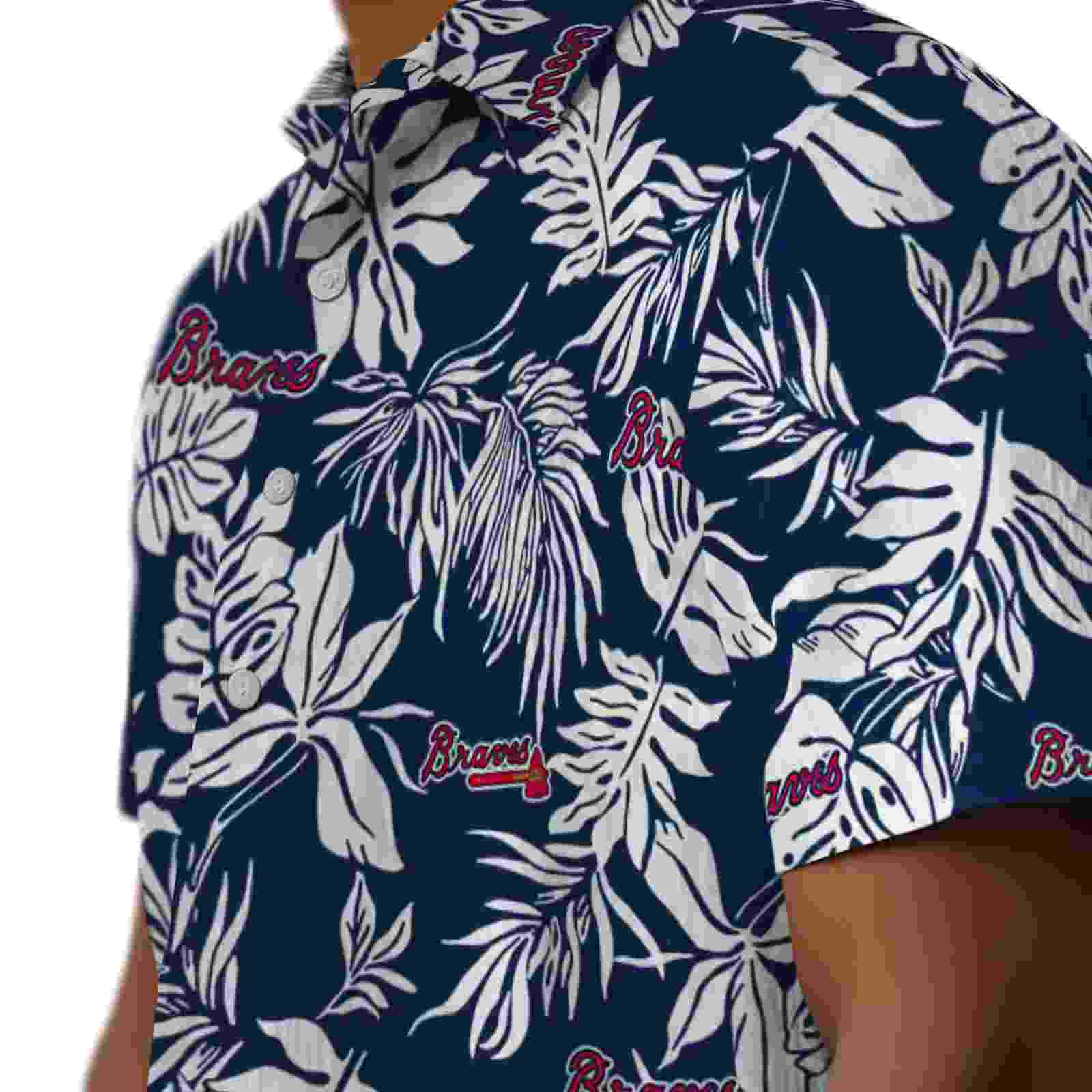 atlanta braves tropical leaf navy white hawaiian shirt trendy