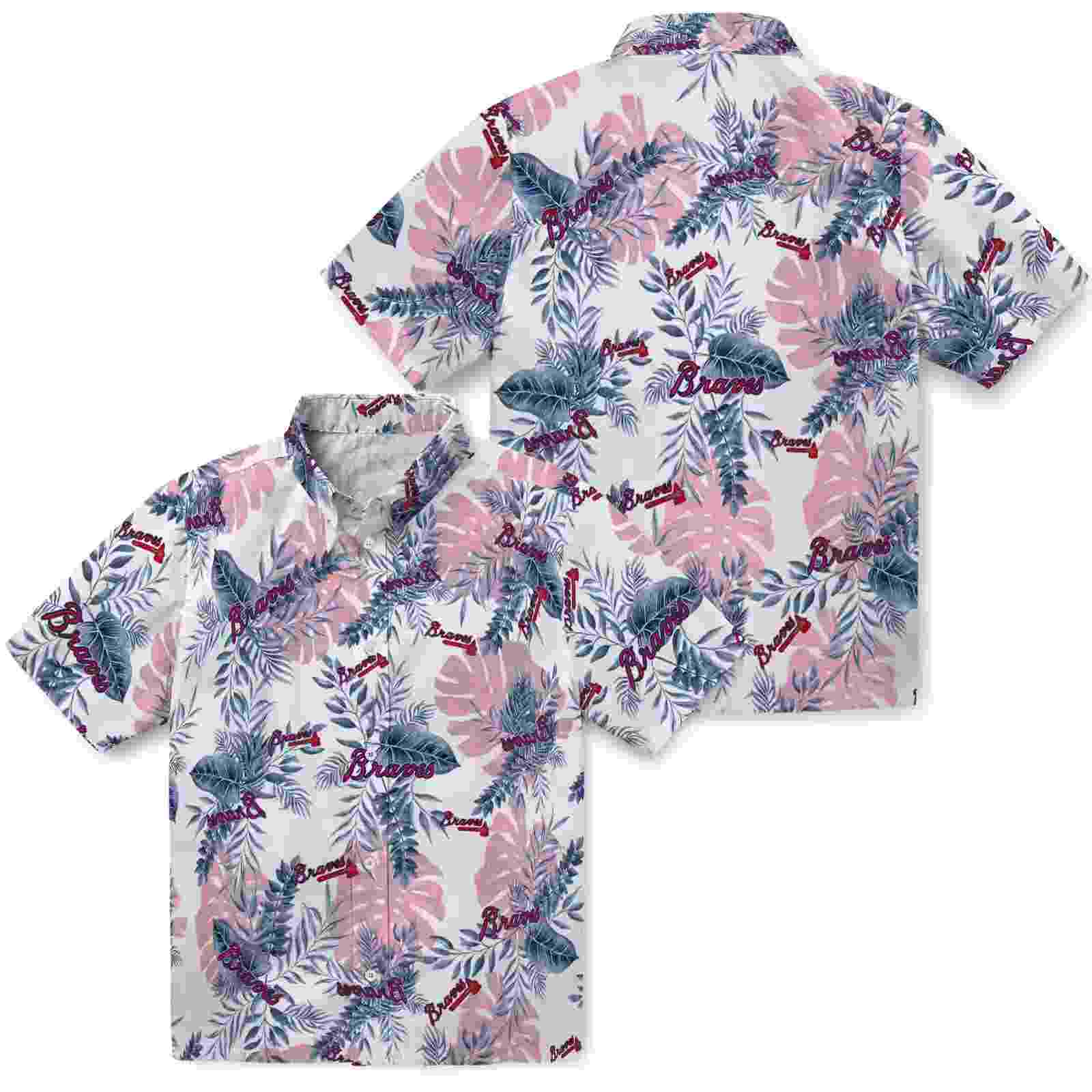 atlanta braves tropical leaves white hawaiian shirt high quality