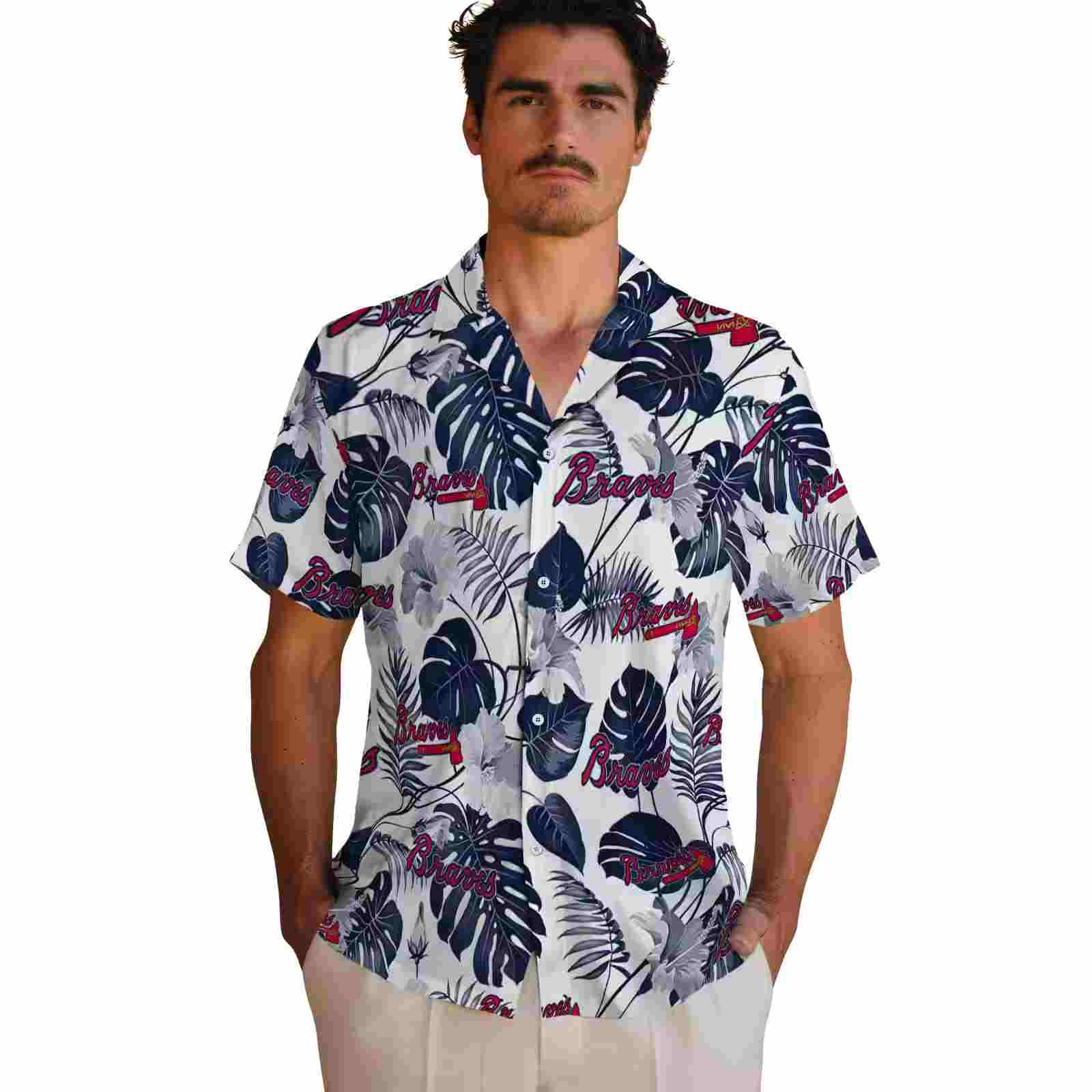 atlanta braves tropical plants navy white hawaiian shirt fashion forward