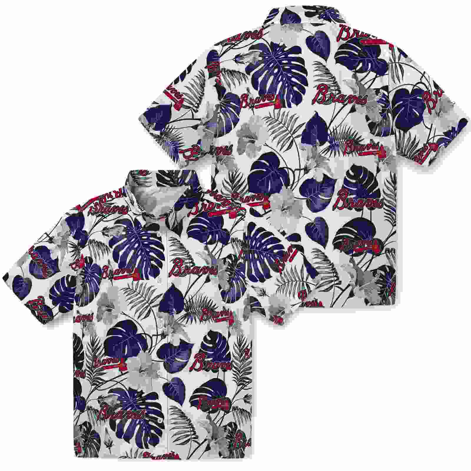 atlanta braves tropical plants navy white hawaiian shirt high quality