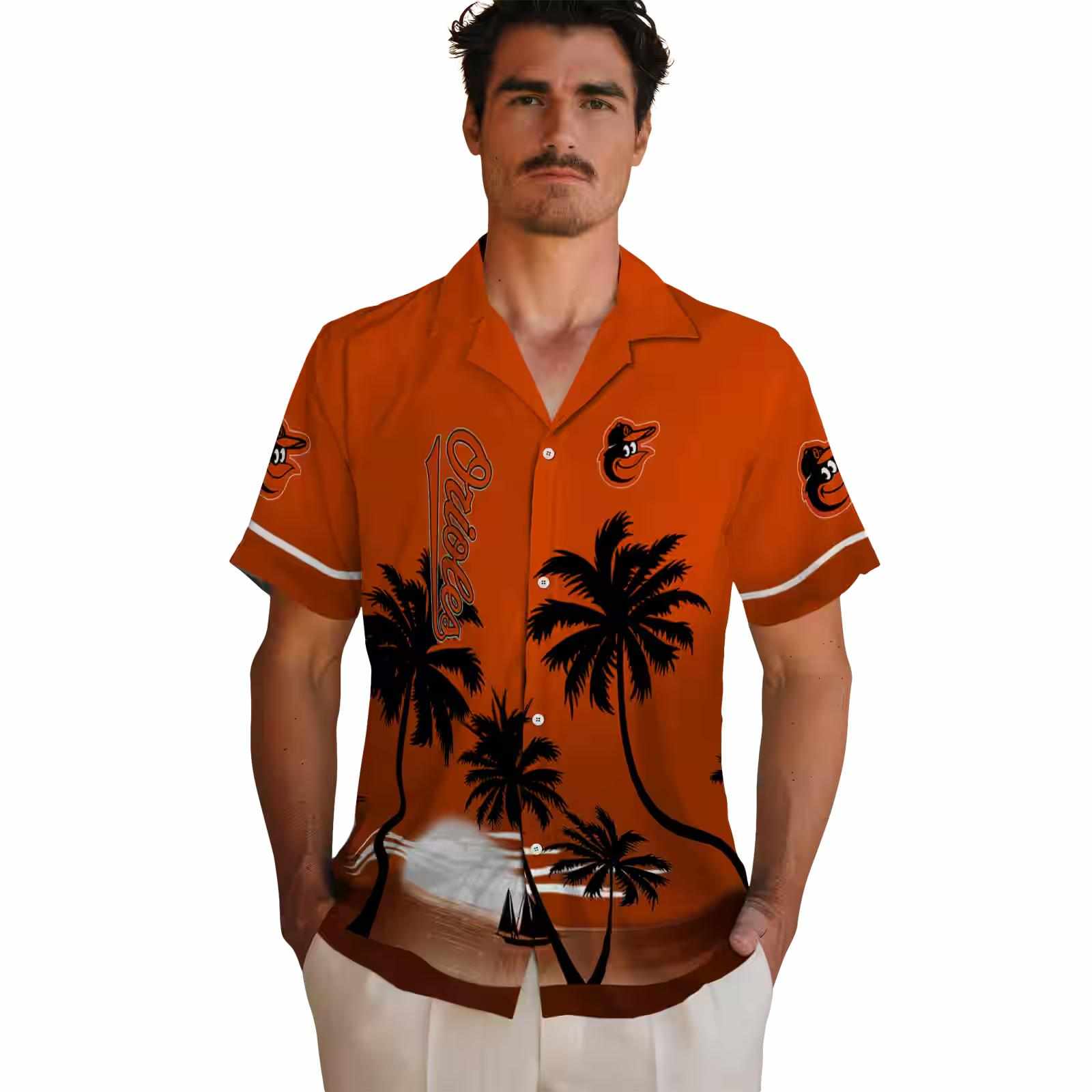 baltimore orioles beach sunset orange black hawaiian shirt fashion forward