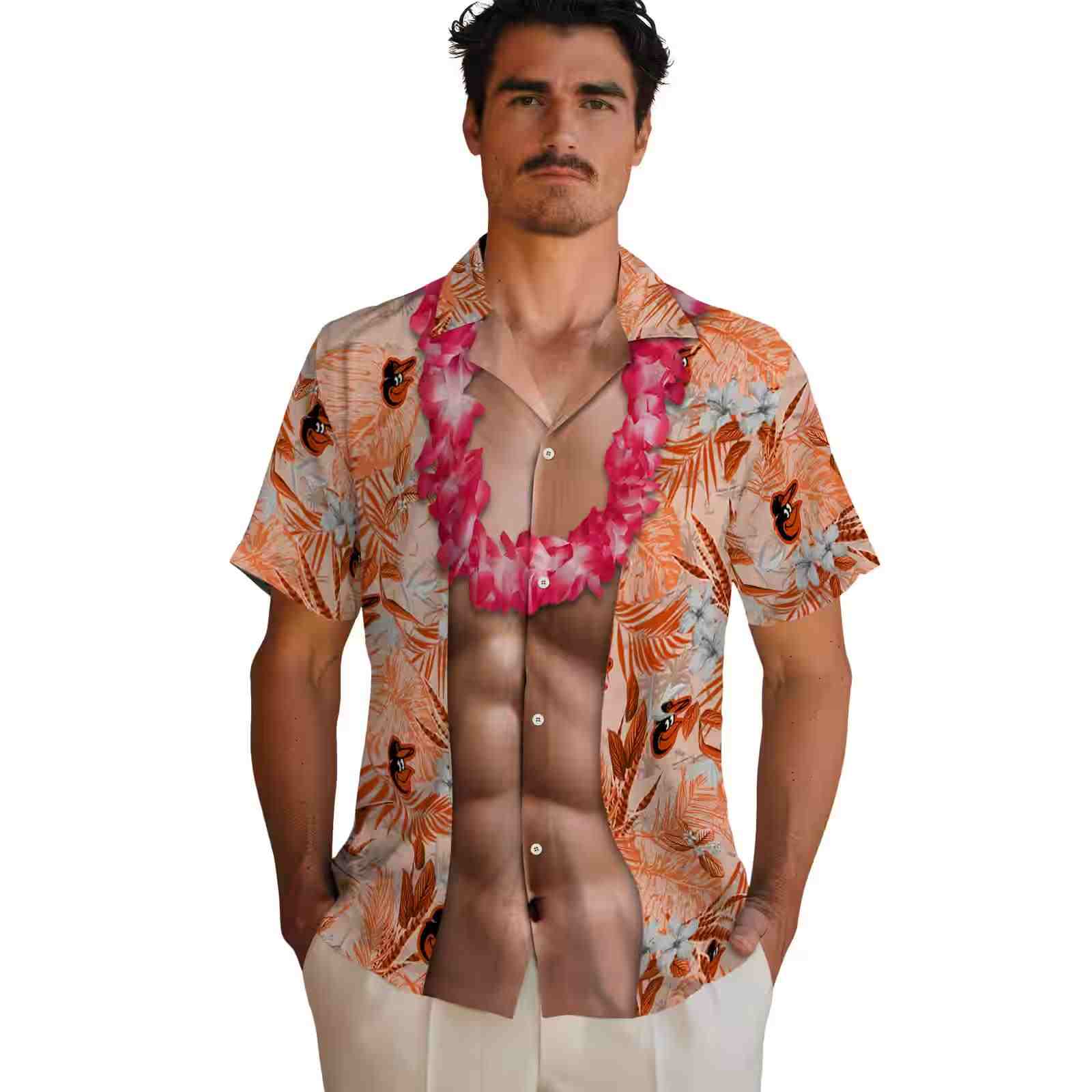 baltimore orioles chest illusion orange hawaiian shirt fashion forward