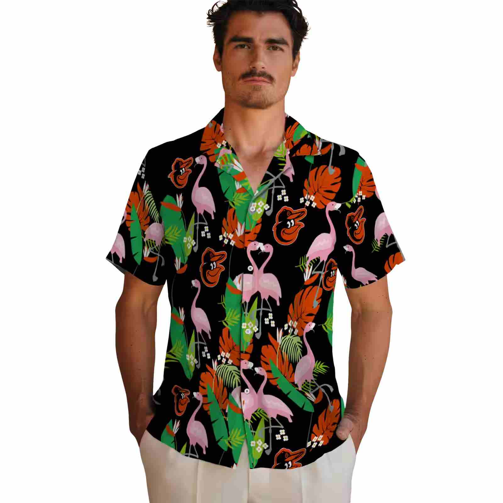 baltimore orioles flamingo foliage orange green hawaiian shirt fashion forward