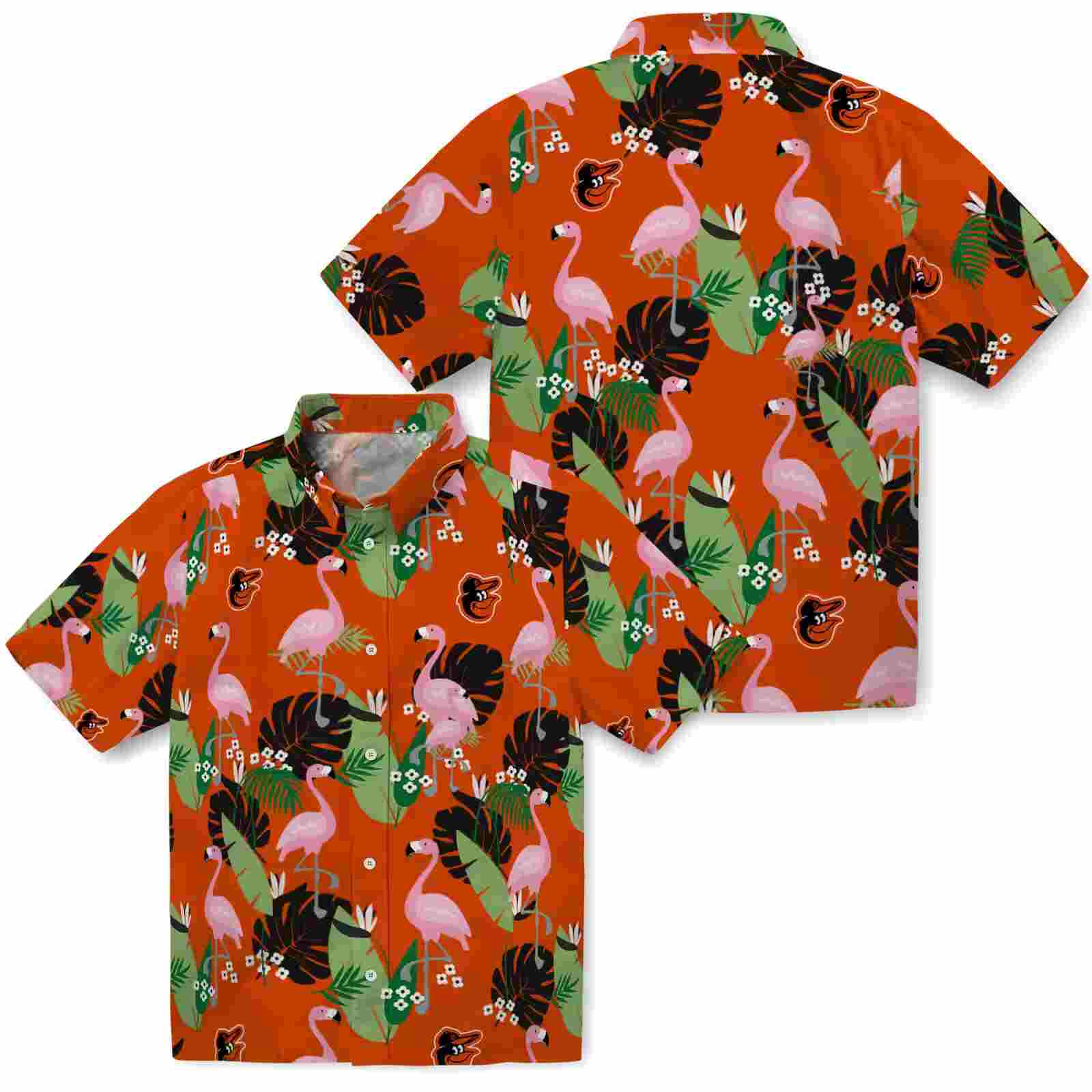 baltimore orioles flamingo leaf motif orange hawaiian shirt high quality