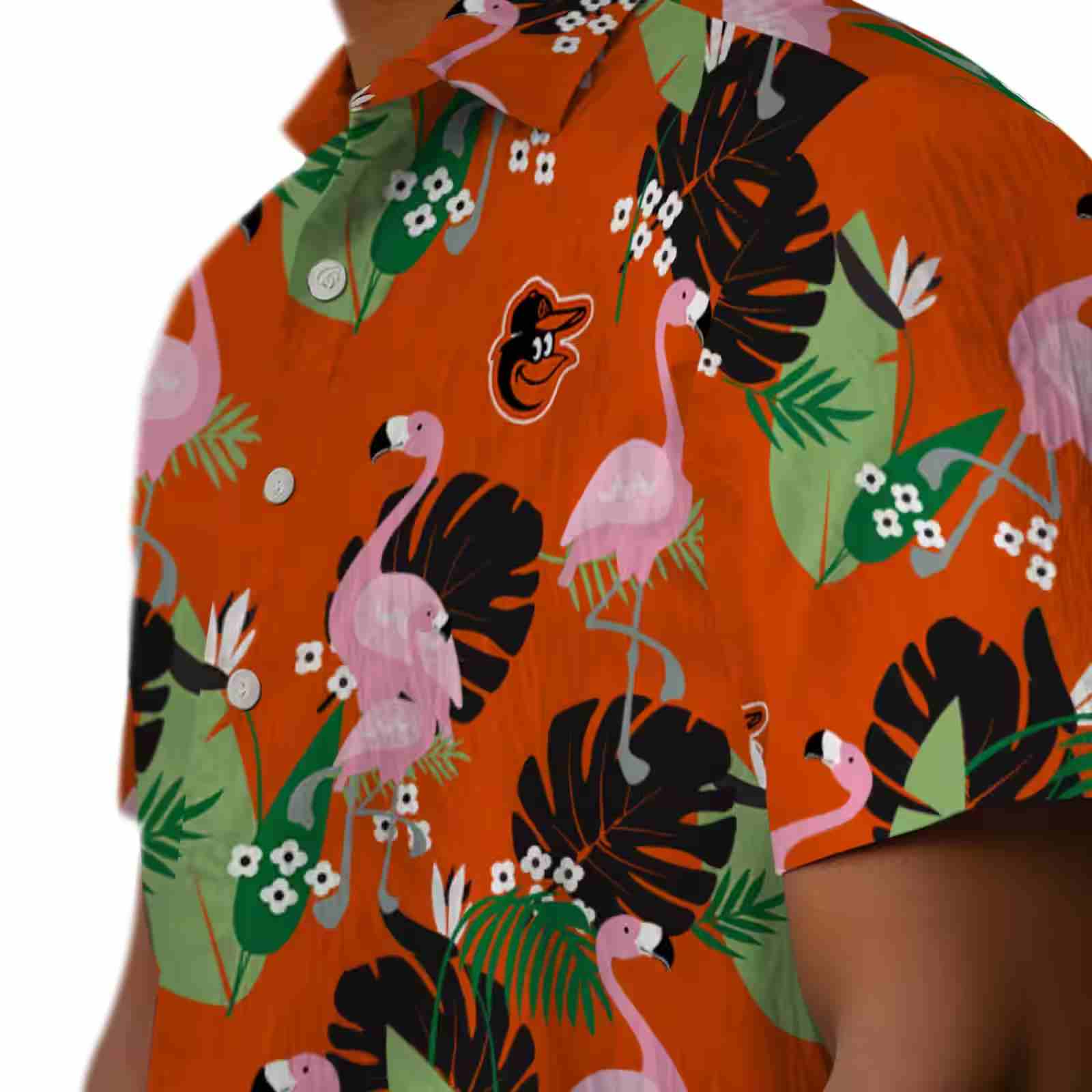 baltimore orioles flamingo leaf motif orange hawaiian shirt trendy