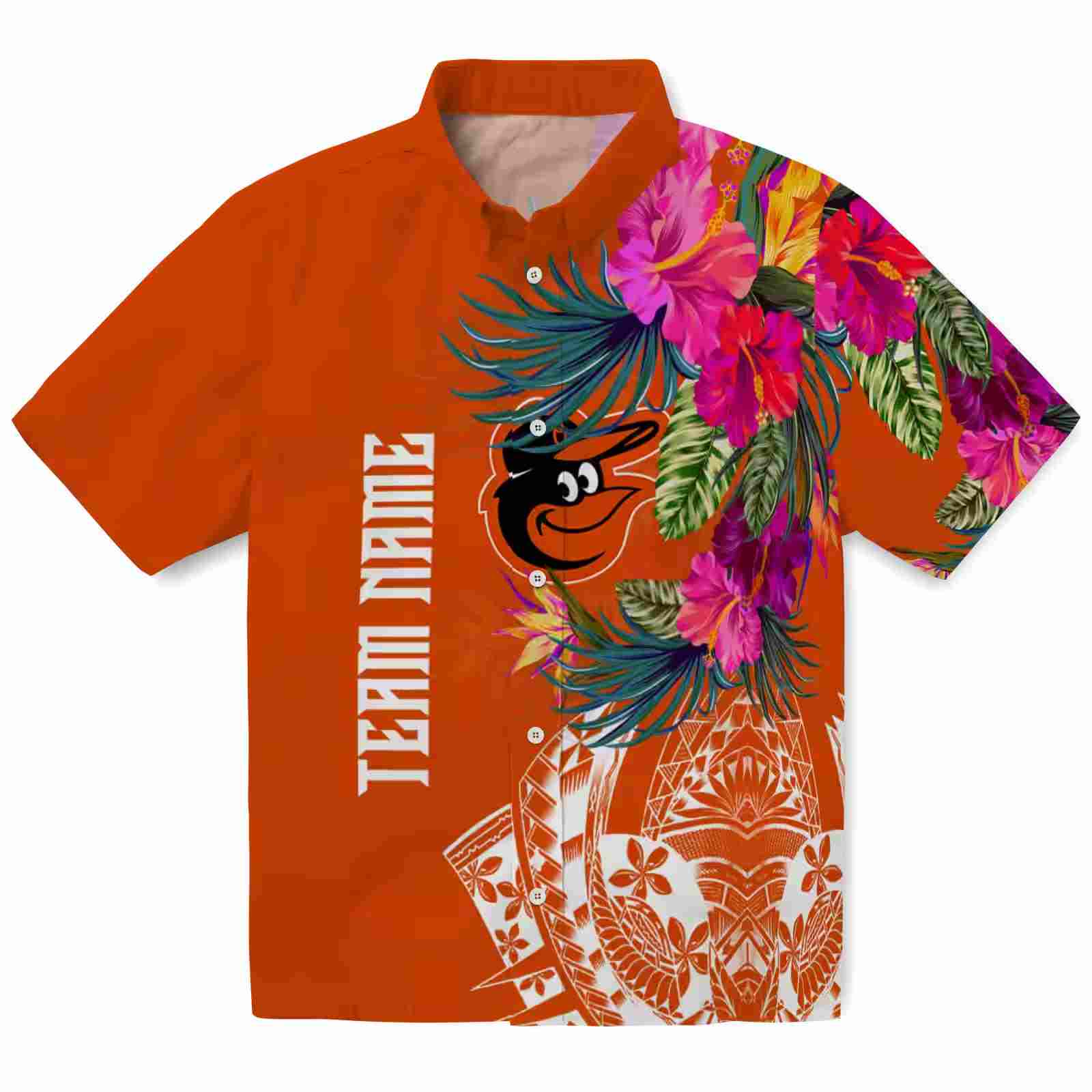 Baltimore Orioles Floral Polynesian Orange Hawaiian Shirt