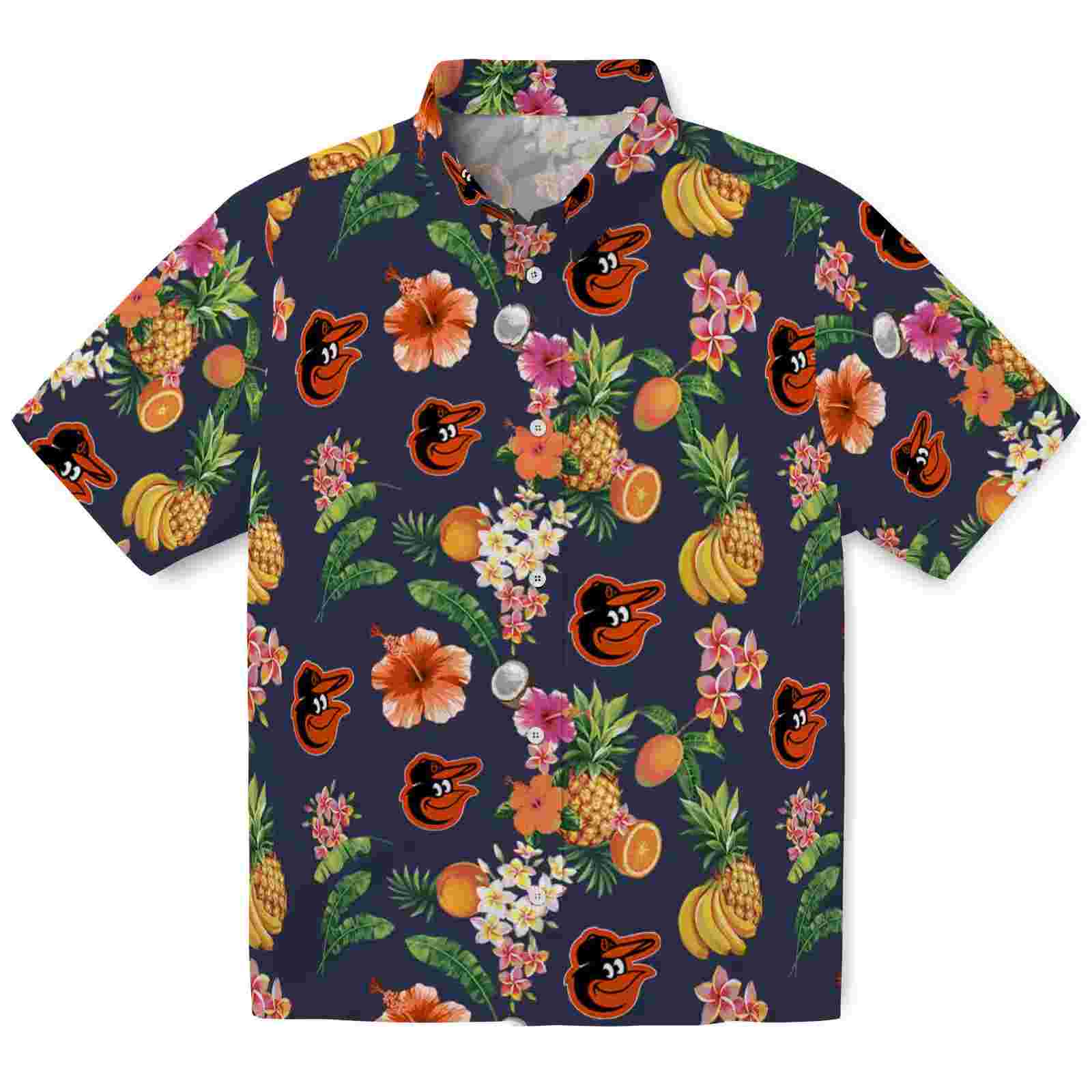 Baltimore Orioles Hibiscus And Fruit Navy Blue Hawaiian Shirt