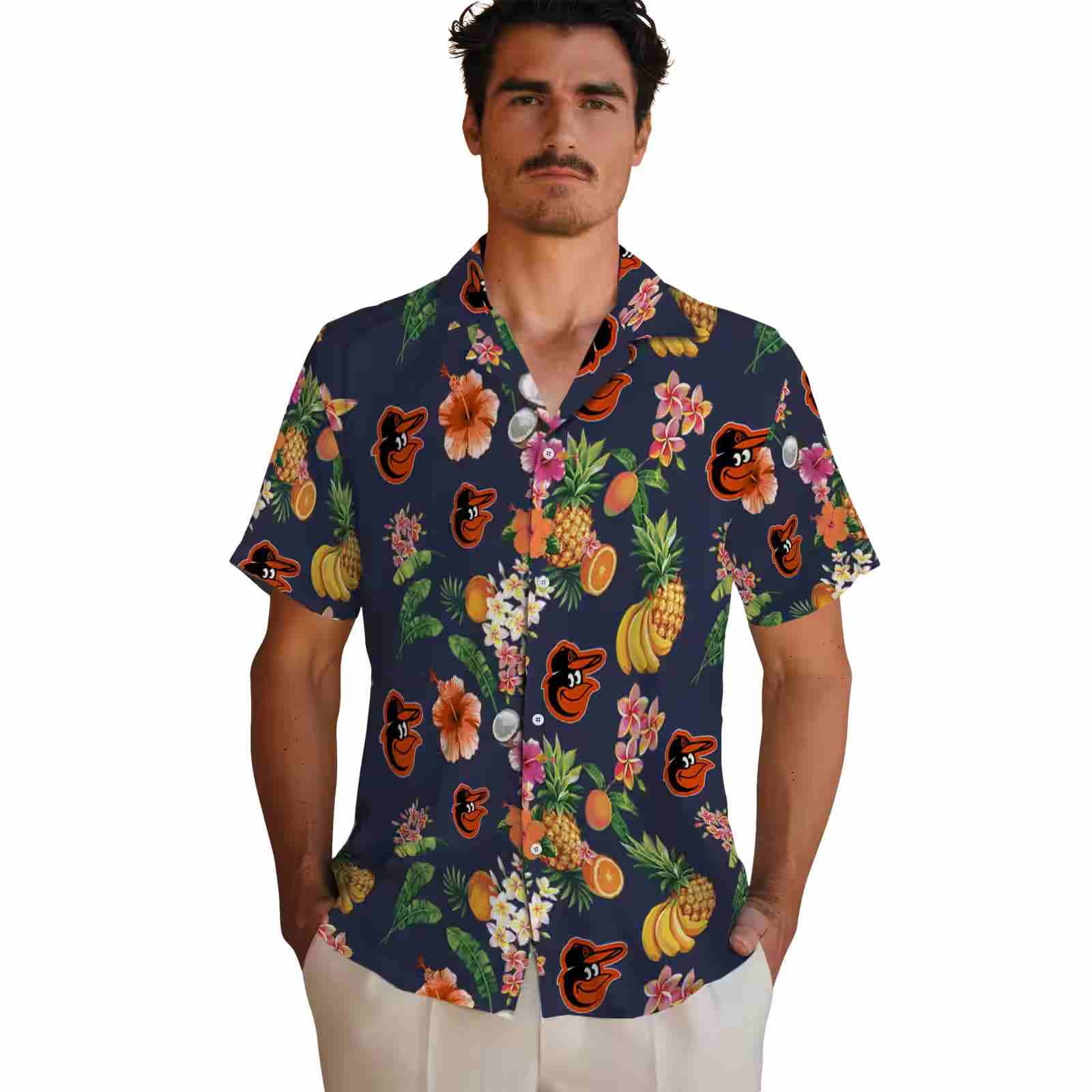 baltimore orioles hibiscus and fruit navy blue hawaiian shirt fashion forward