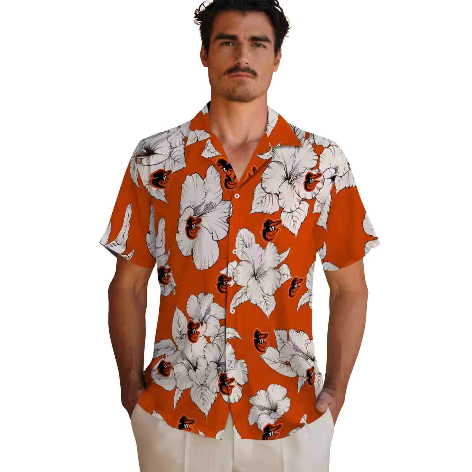 baltimore orioles hibiscus blooms orange white hawaiian shirt fashion forward