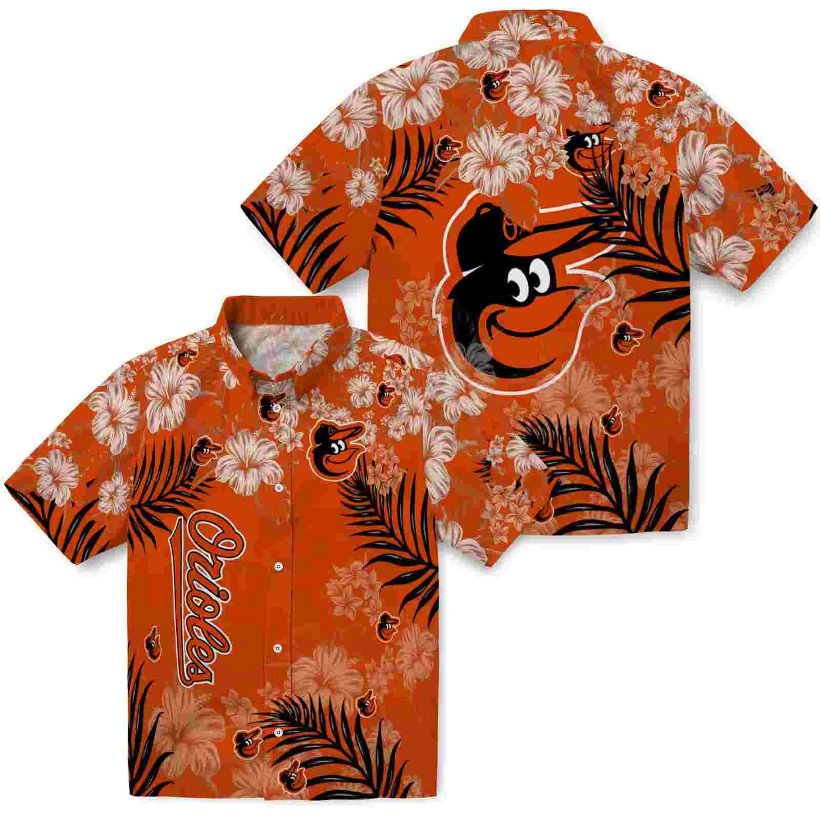 baltimore orioles hibiscus print orange hawaiian shirt high quality