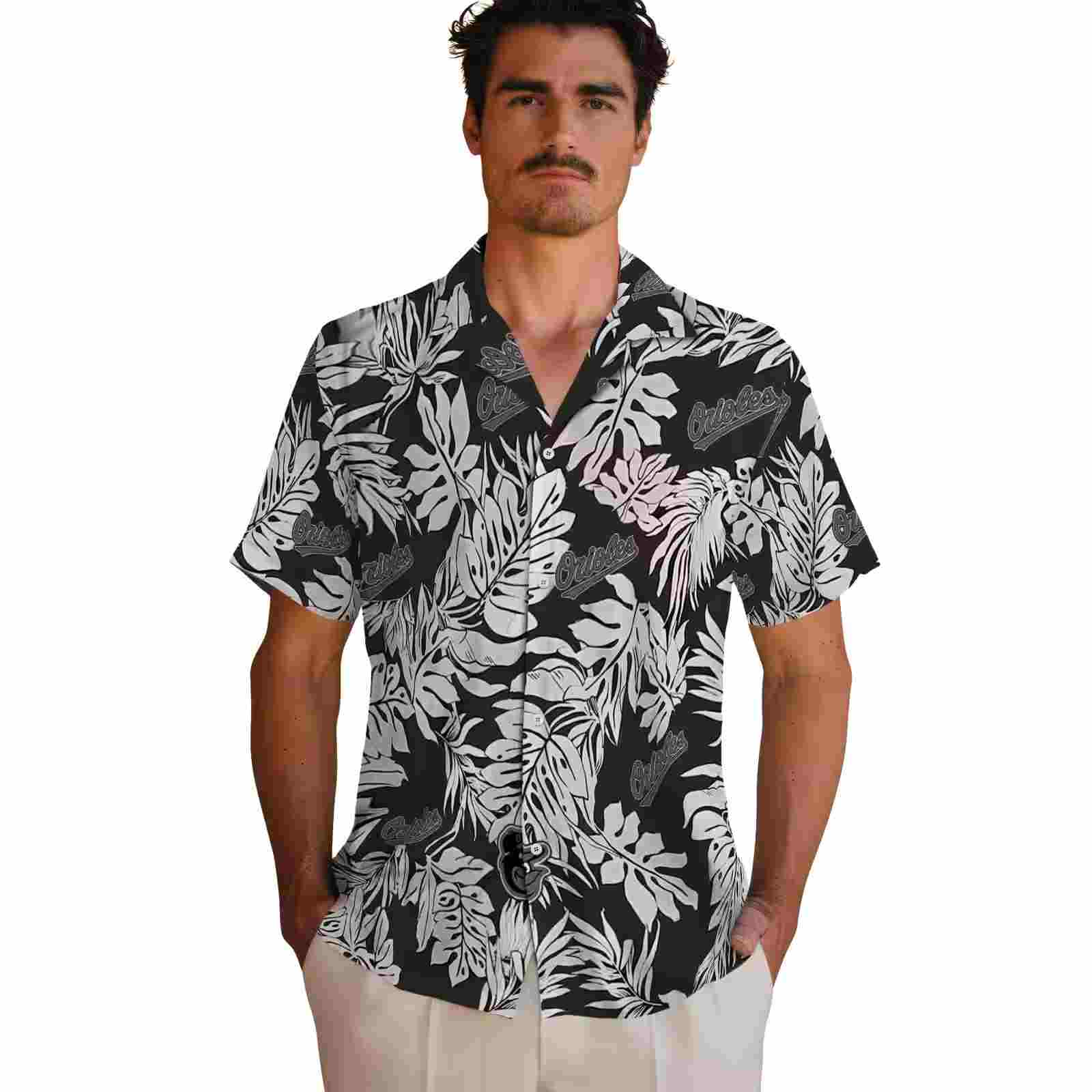 baltimore orioles monstera leaf pattern black hawaiian shirt fashion forward