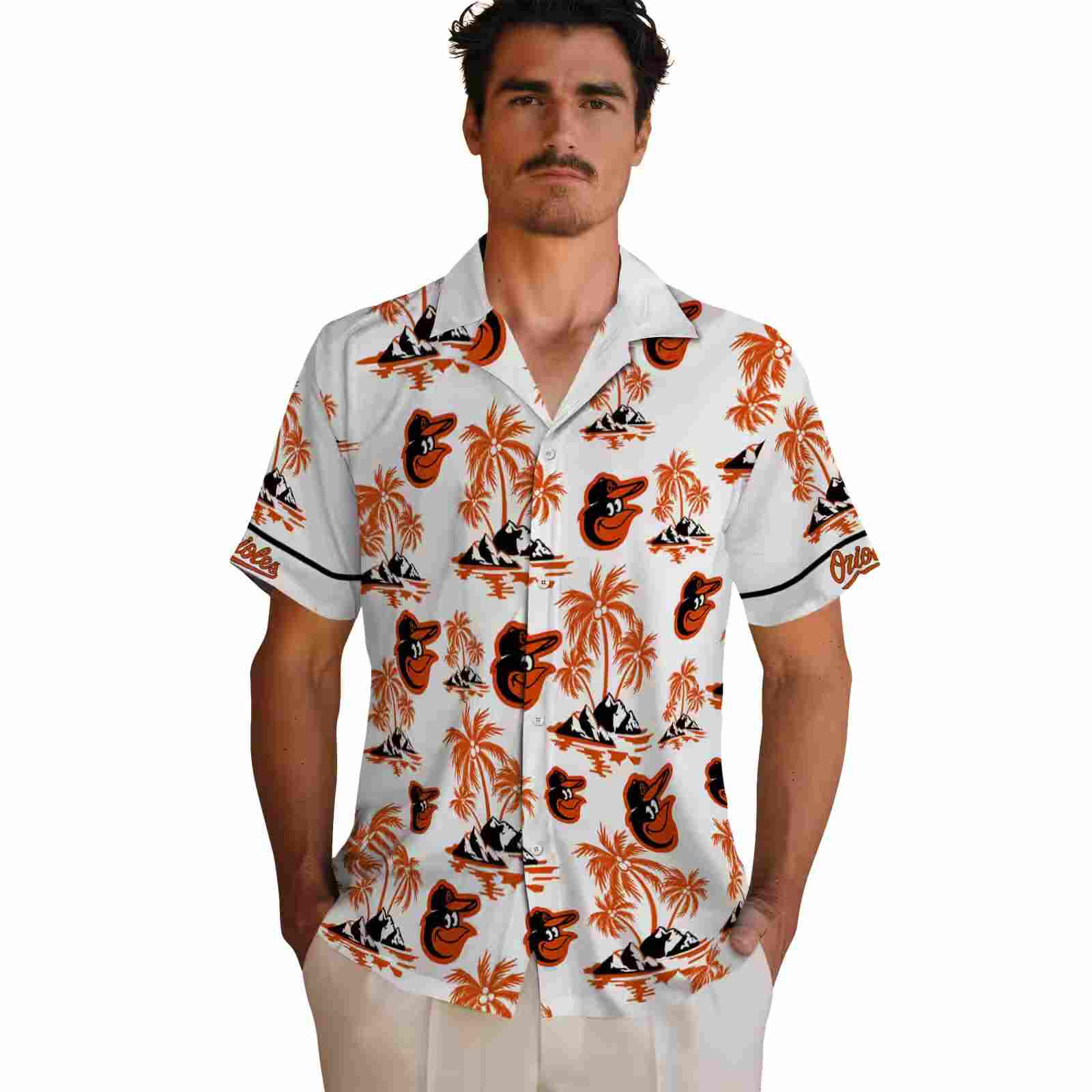 baltimore orioles palm island print orange white hawaiian shirt fashion forward